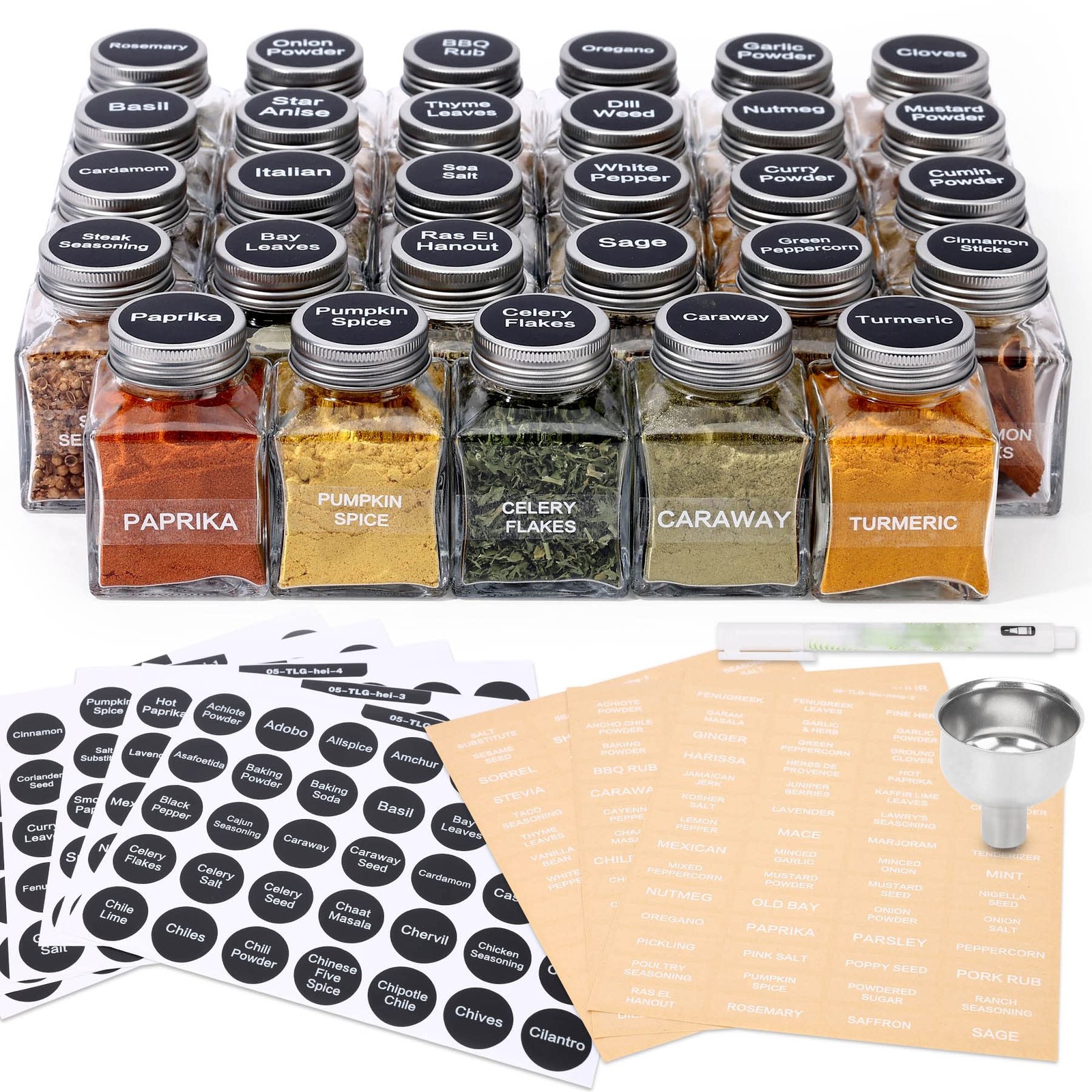Unique Design Spice Jars with 372 Labels, 29-Pack 4.5 oz Personalized Cubic C…