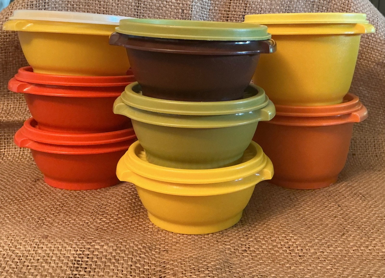 8 Tupperware Servalier Bowls With 8 Lids 1323 886 Yellow Orange Green Brown EUC