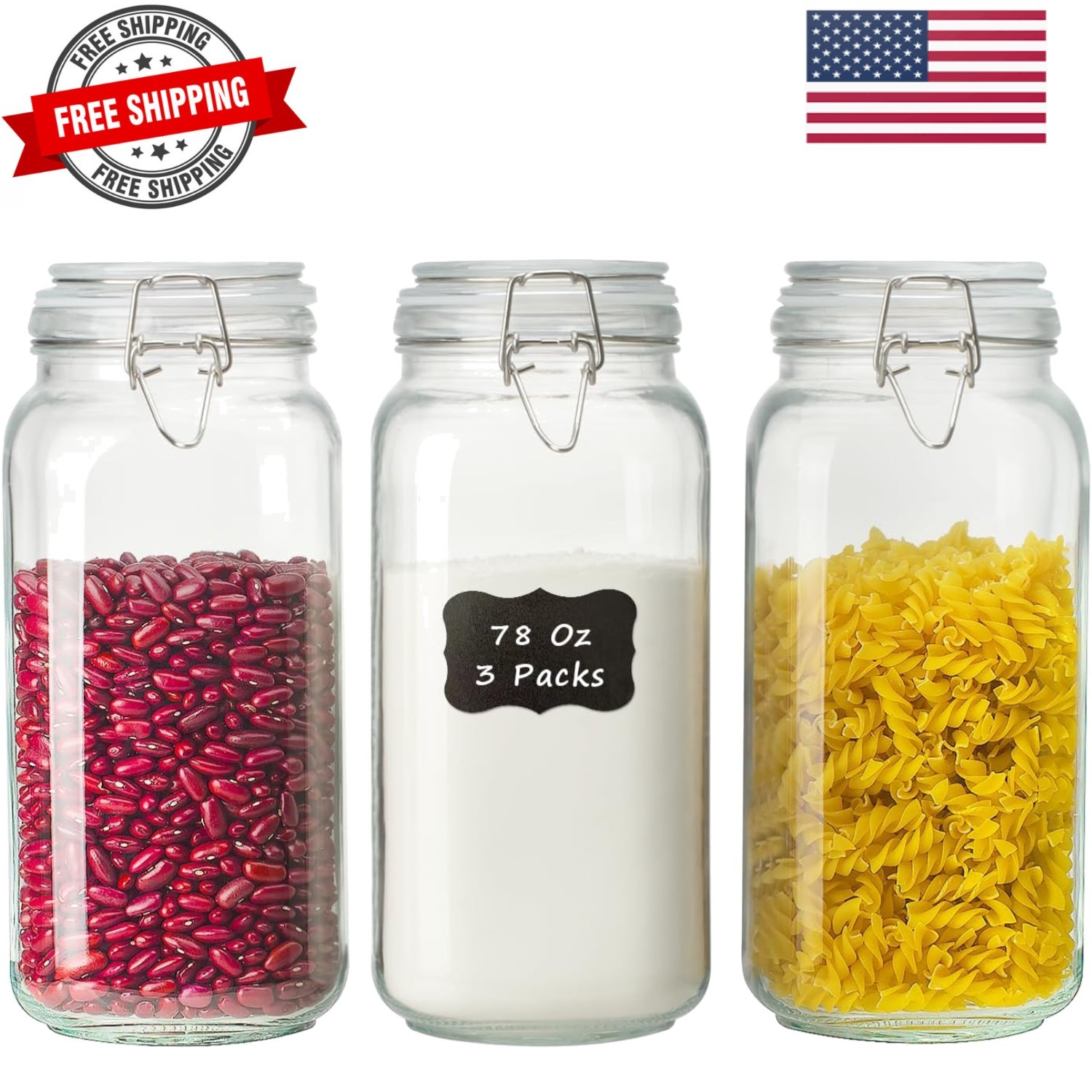 78oz Glass Food Storage Jars with Airtight Clamp Lids, 3 PCS Food Storage Can…