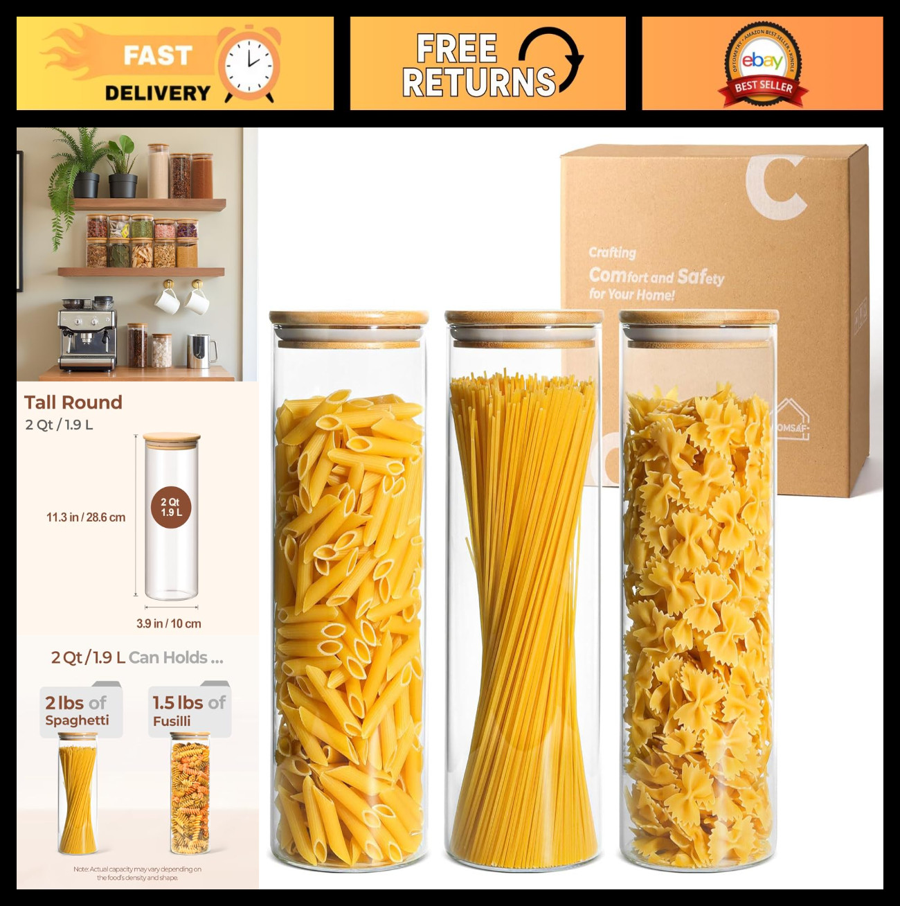 Airtight Glass Pasta Storage Jars Set of 3 – 2 Qt Tall Clear Containers for Food