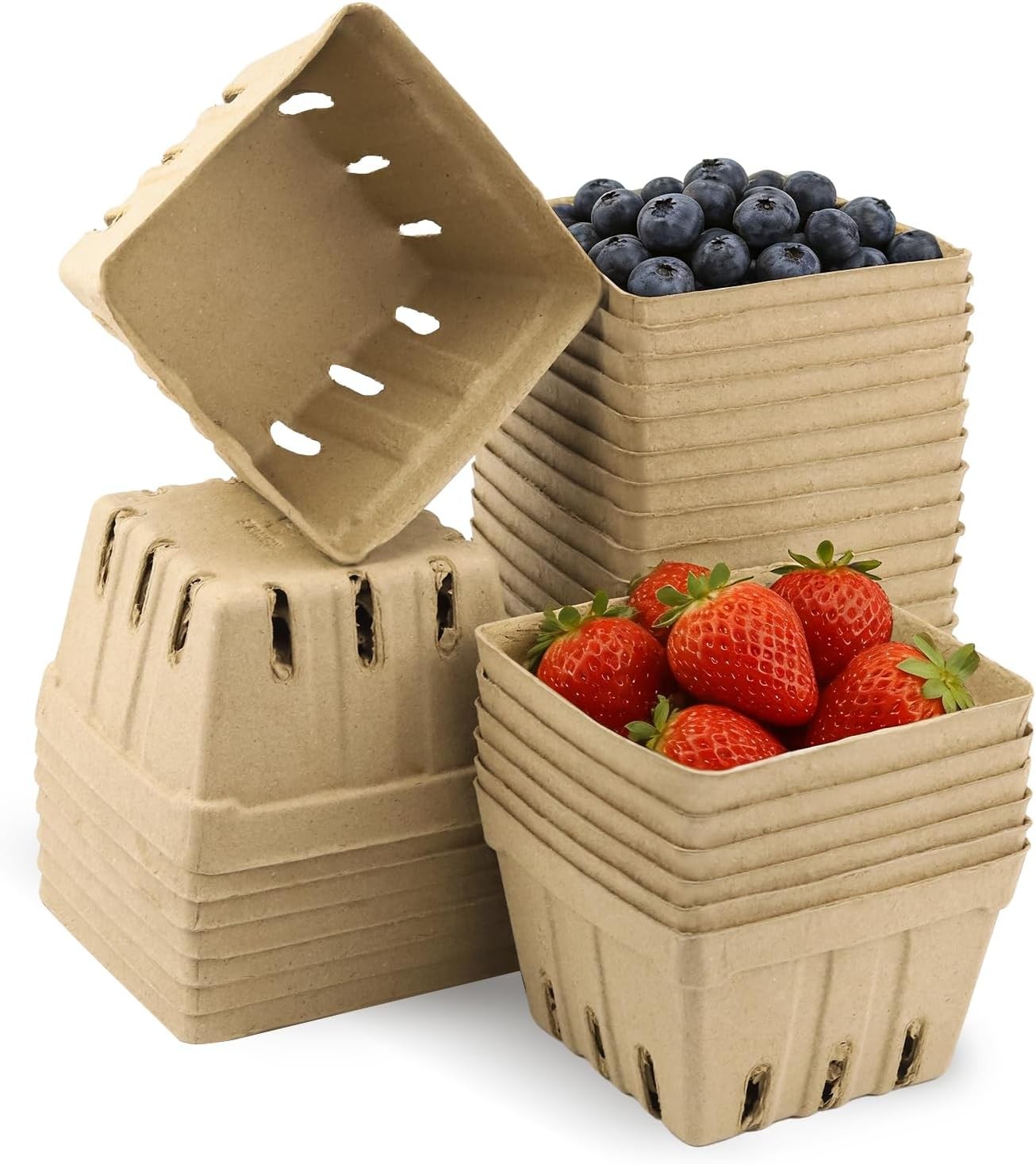 30 Pack Natural Pulp Fiber Berry Basket (4.3×4.3×2.75 Inch), Natural Pulp