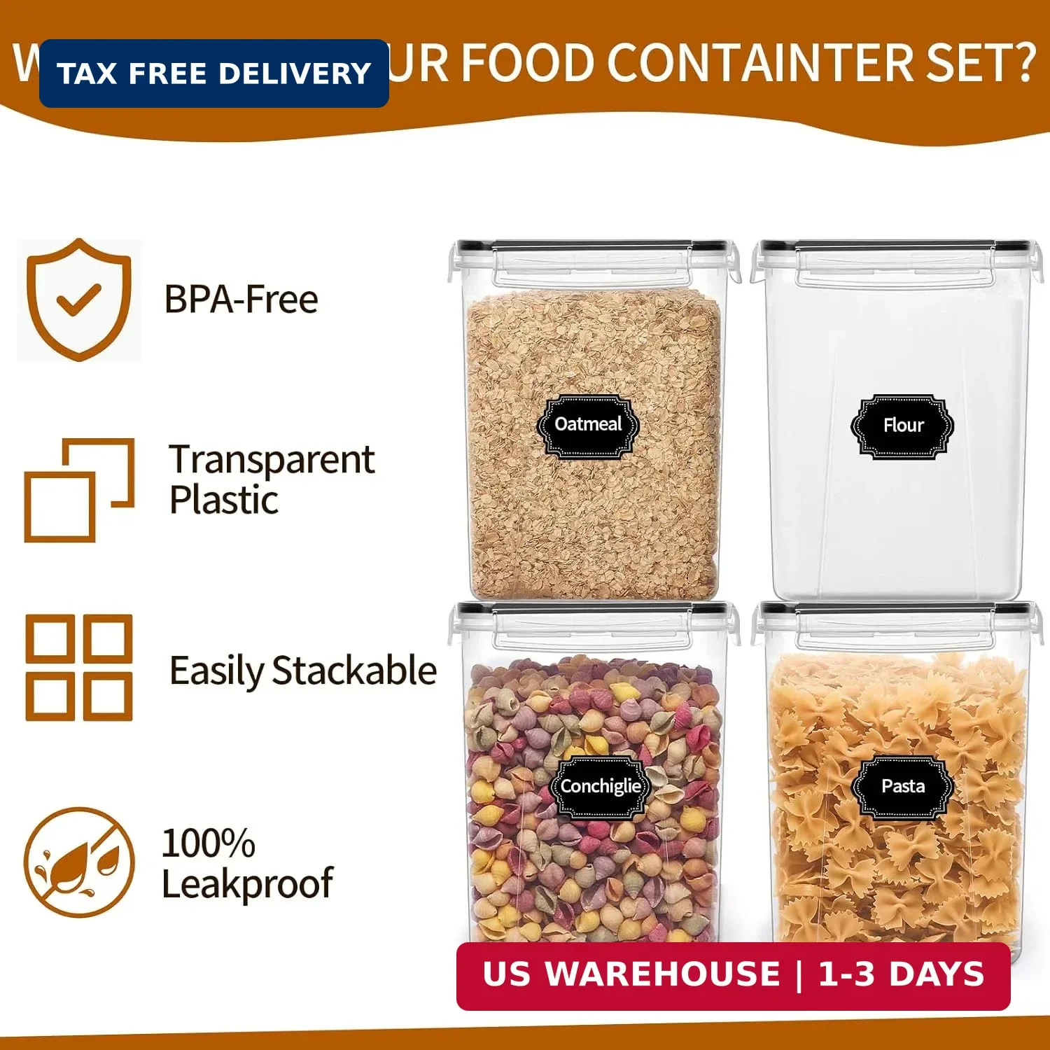 HKJ Chef 4 Pack Large Airtight Food Storage Containers with Lids (5.2L / 176oz),