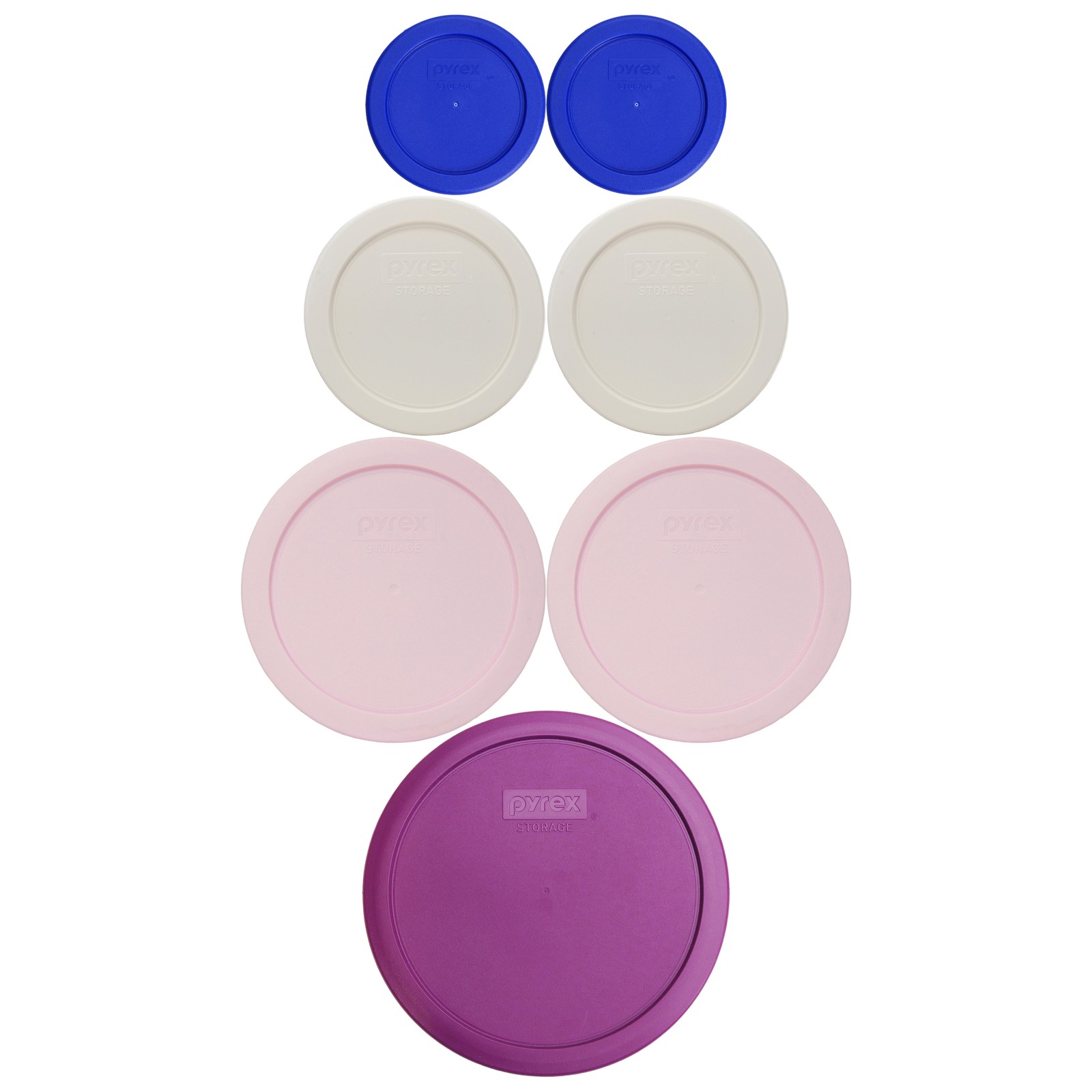 Pyrex (2) Cadet Blue, (2) Sour Cream, (2) Loring Pink, (1) Thistle Purple Lids