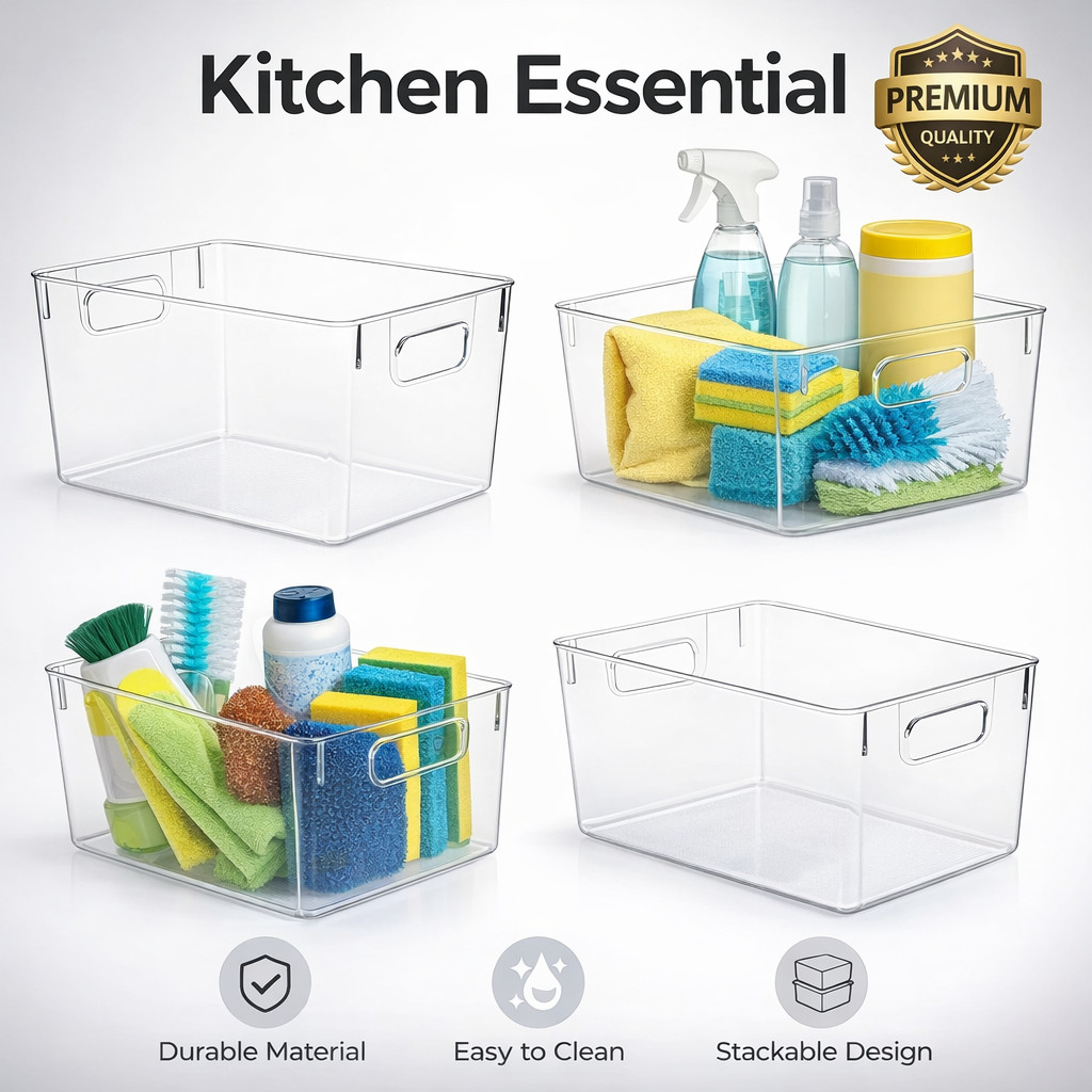 4 Clear Plastic Storage Bins Pantry Organizers Container Ideal Kitchen Office