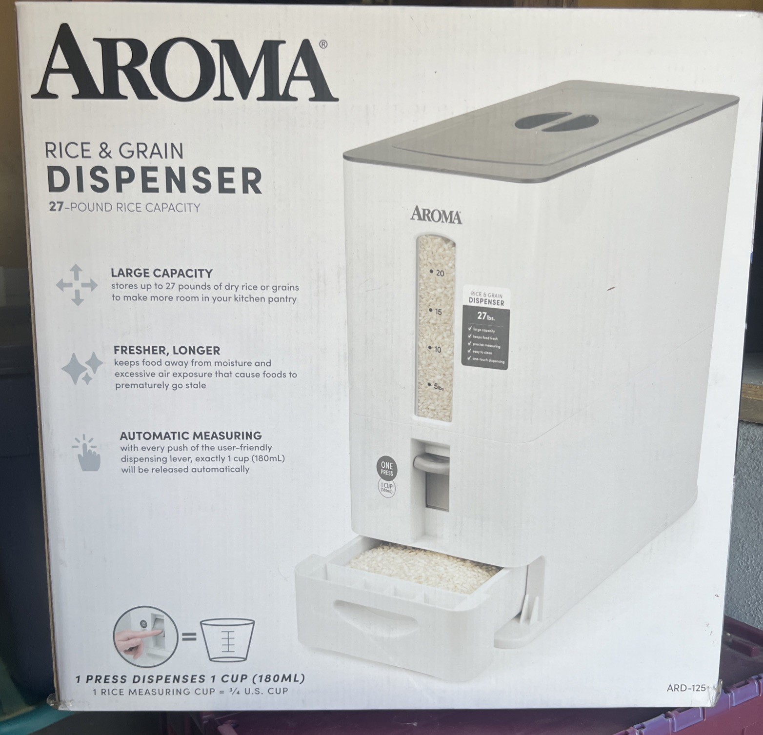 Housewares 27lbs Large Rice Dispenser, 7.25 x 16.5 x 16.5 inches, White NEW