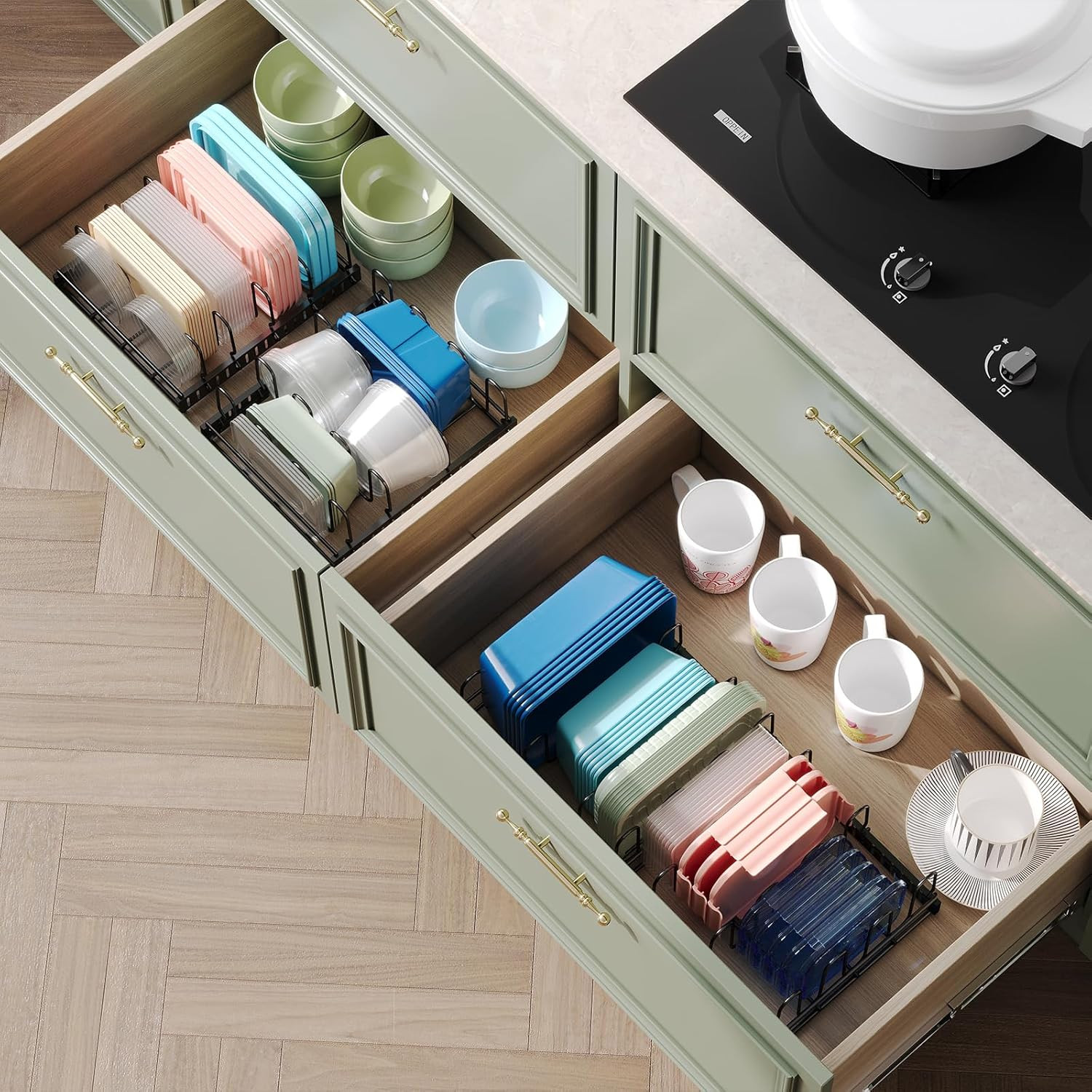 Expandable Food Container Lid Organizer,Large Capacity Adjustable 8 Dividers Det