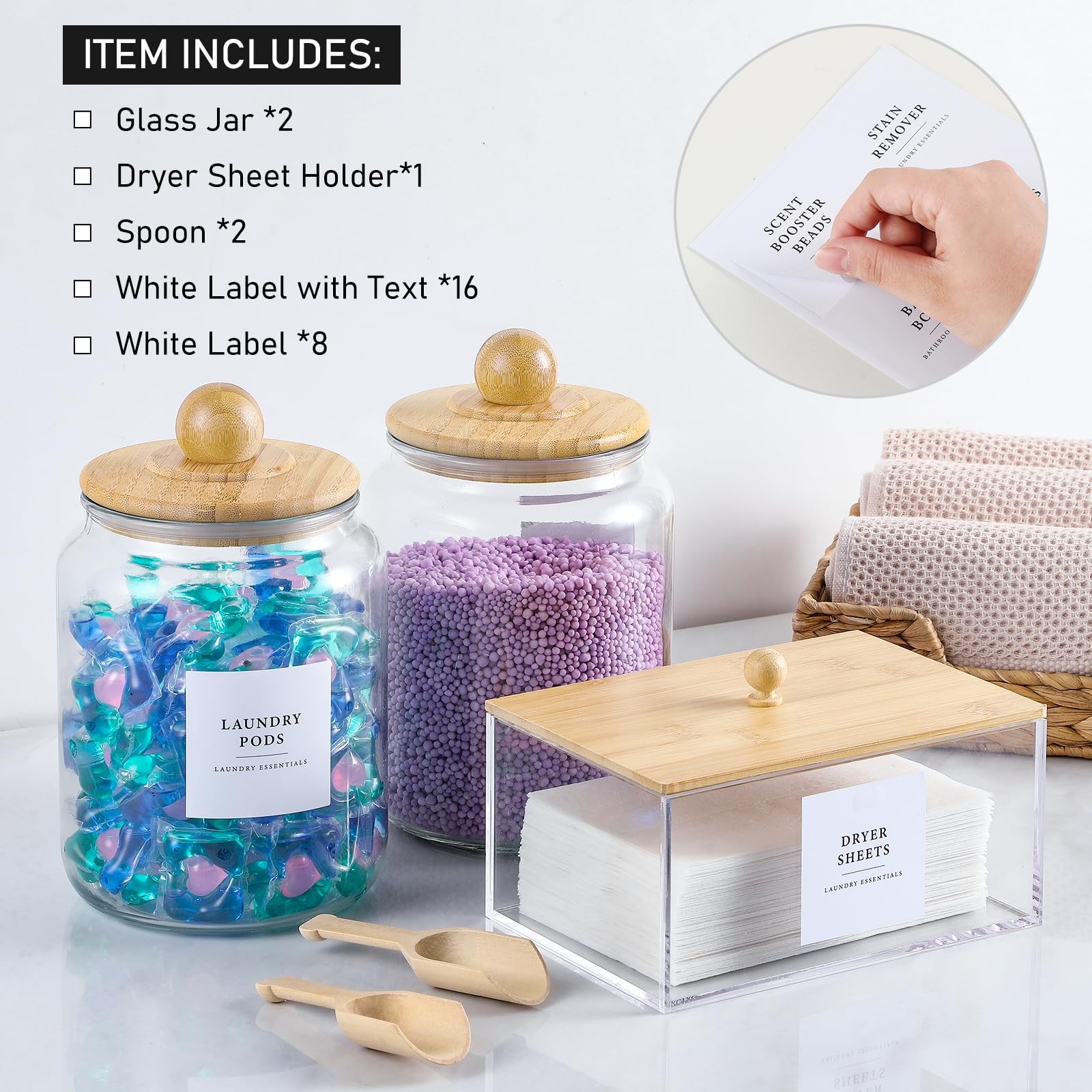 Glass Jars and Dryer Sheet Holder with Bamboo Lids, Dispenser Set and Labels,…