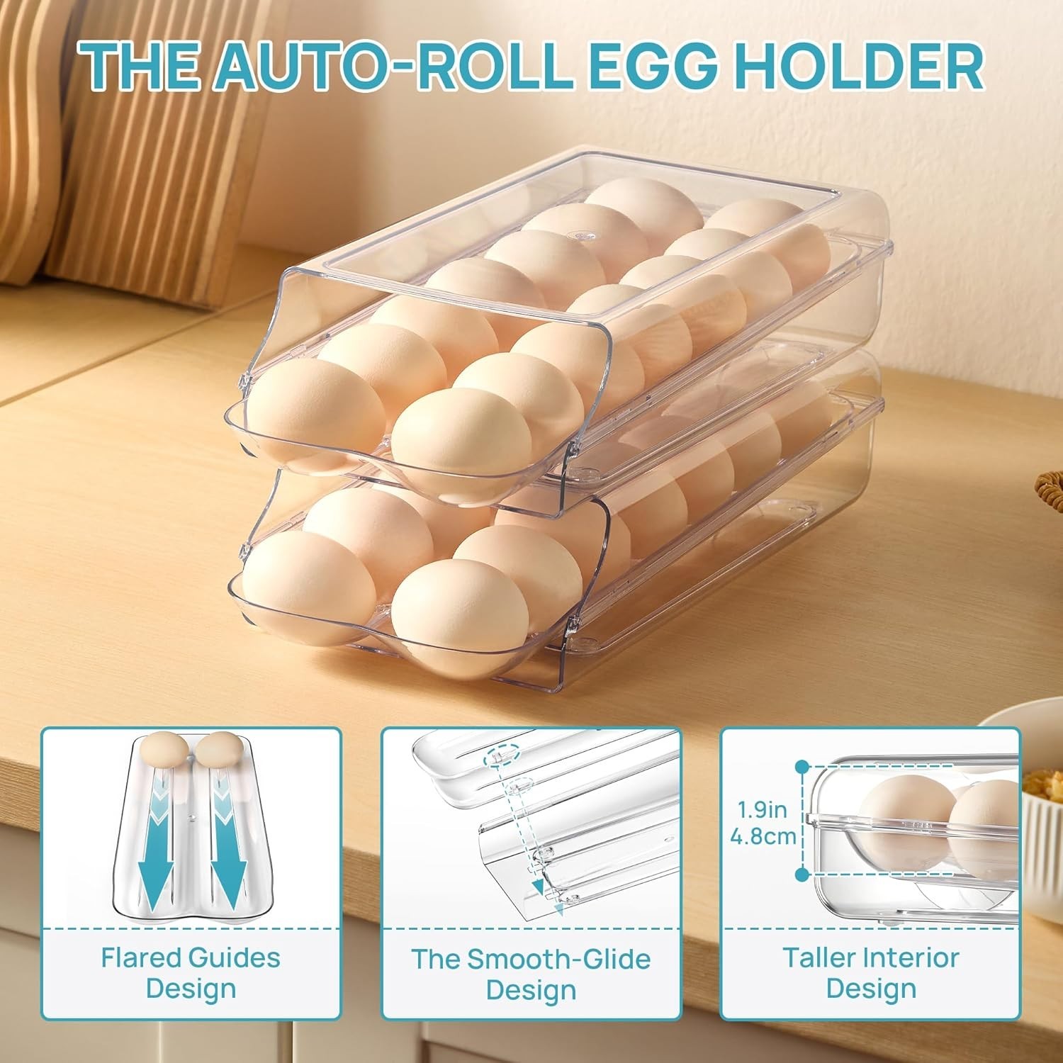 Clear Plastic Egg Holder for Fridge, Automatic Rolling Egg Container for Refr…