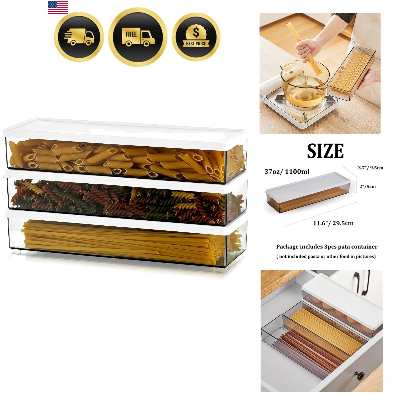 Pasta Containers for Pantry Large Spaghetti & Noodle & Lasagna Canister 3 Pcs…