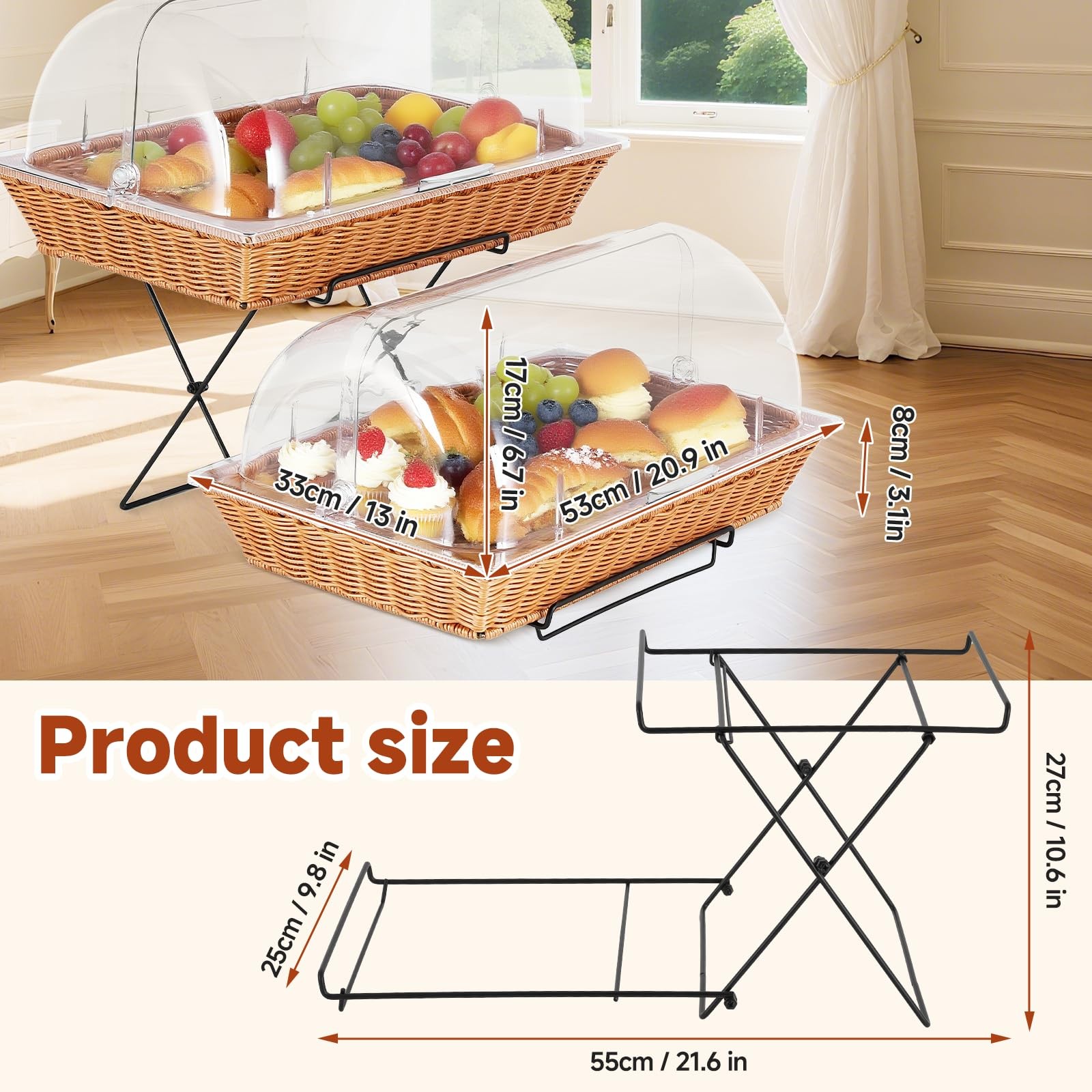 2 Pack Bread Basket Serving Display Tray 20.5×13 In with Clear Roll Top Cover…