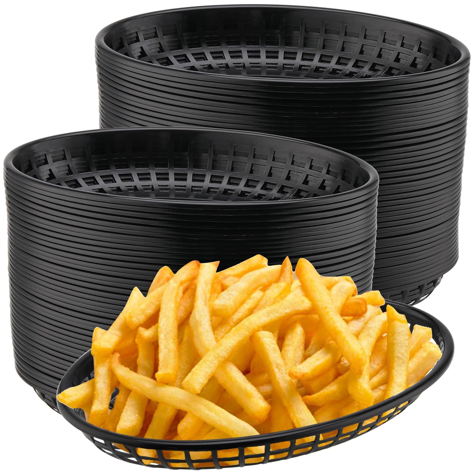 HEIHAK 80 Pack 9×5.7×1.6 Inch Black Plastic Fast Food Baskets, Restaurant Ser…