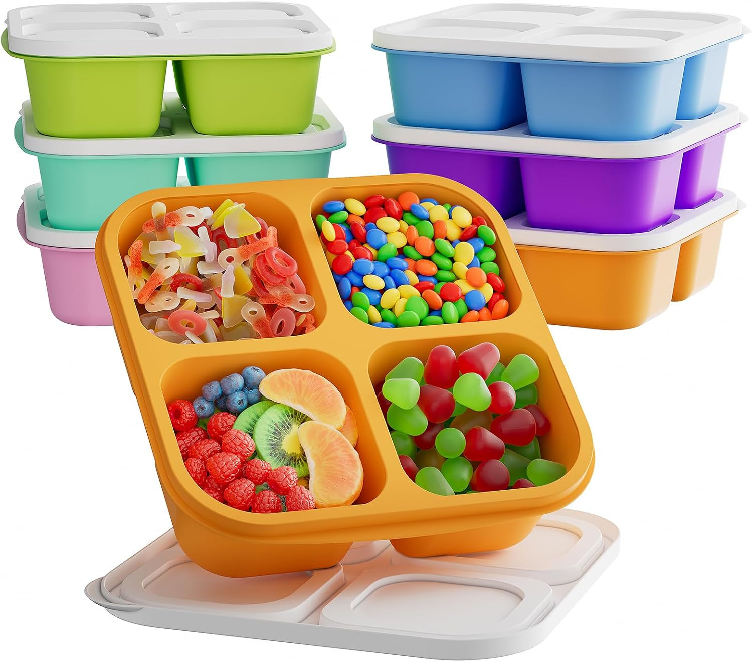 6 Pcs Bento Snack Containers, Reusable 4 Compartment Food Storage Container with