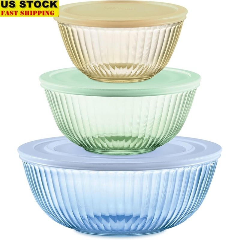 3 Pack Round Glass Bowls W/ BPA Free Lids Kitchen Food Storage Microwave Safe US