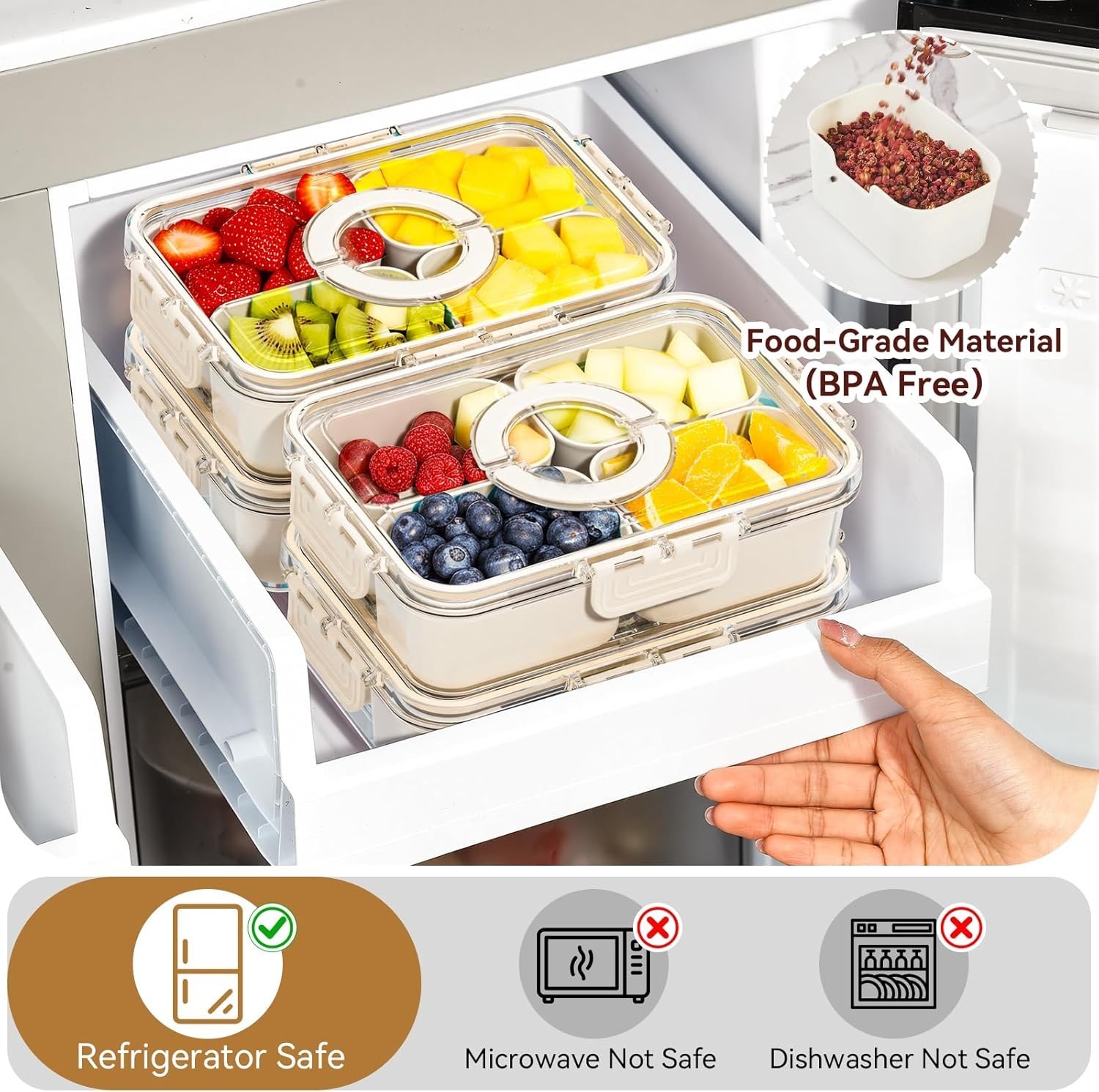 Multi-Functional Beige Snack Container with 4 Compartments for Travel & Work