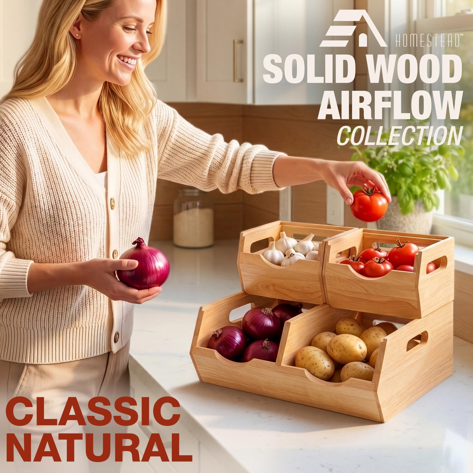 Stackable Solid Wood Storage Bins for Pantry & Countertop, Ventilated Potato …