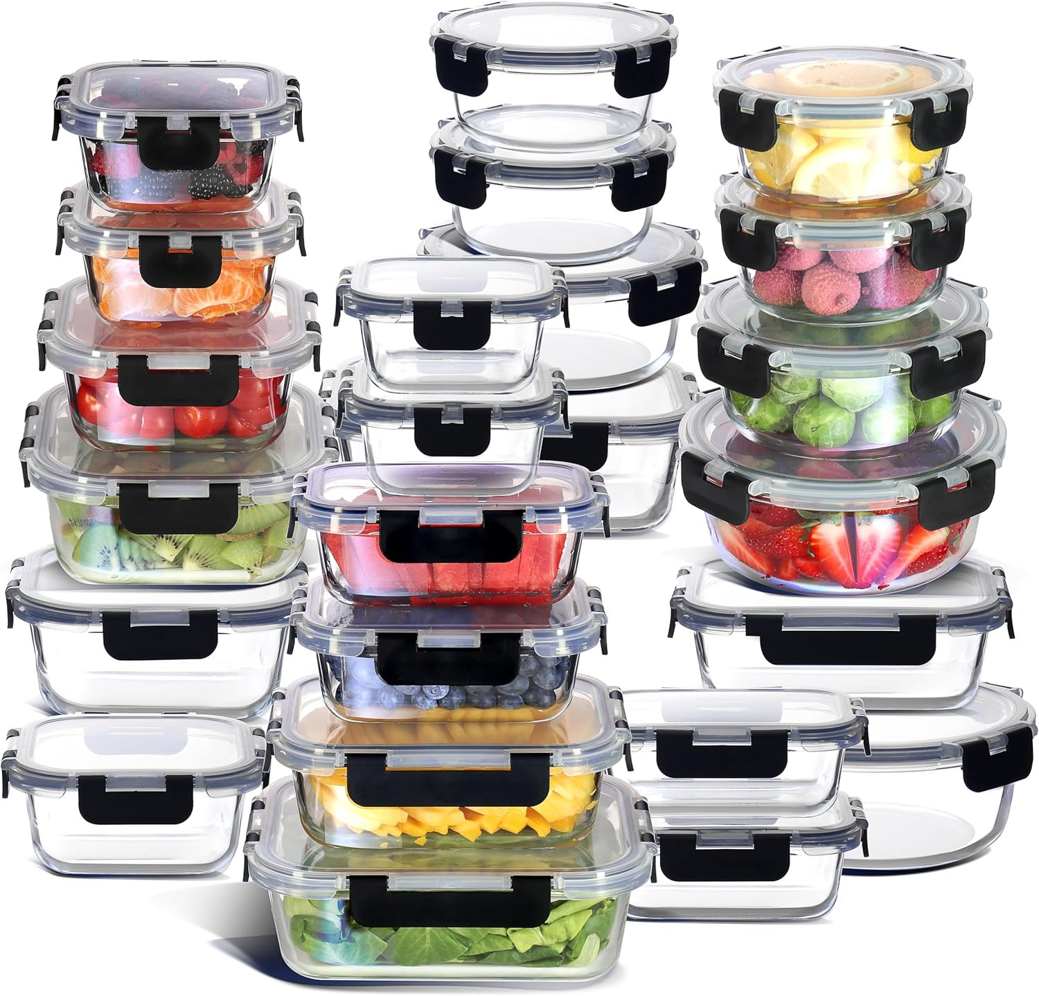 48-Piece Glass Food Storage Container Set with Airtight Lids, Black