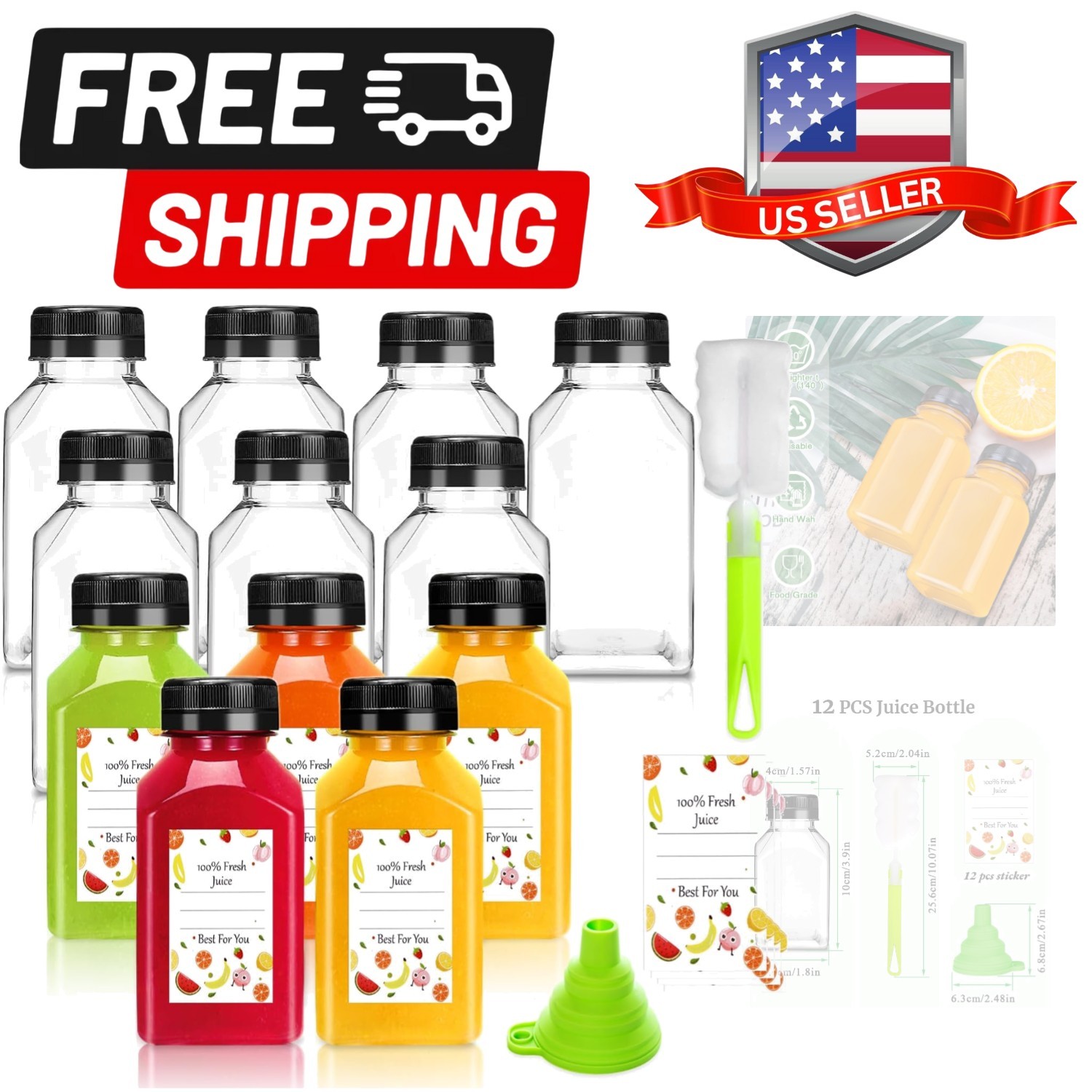 Plastic Juice Bottles with Caps 12 pcs – 4oz Reusable Juice Containers with T…