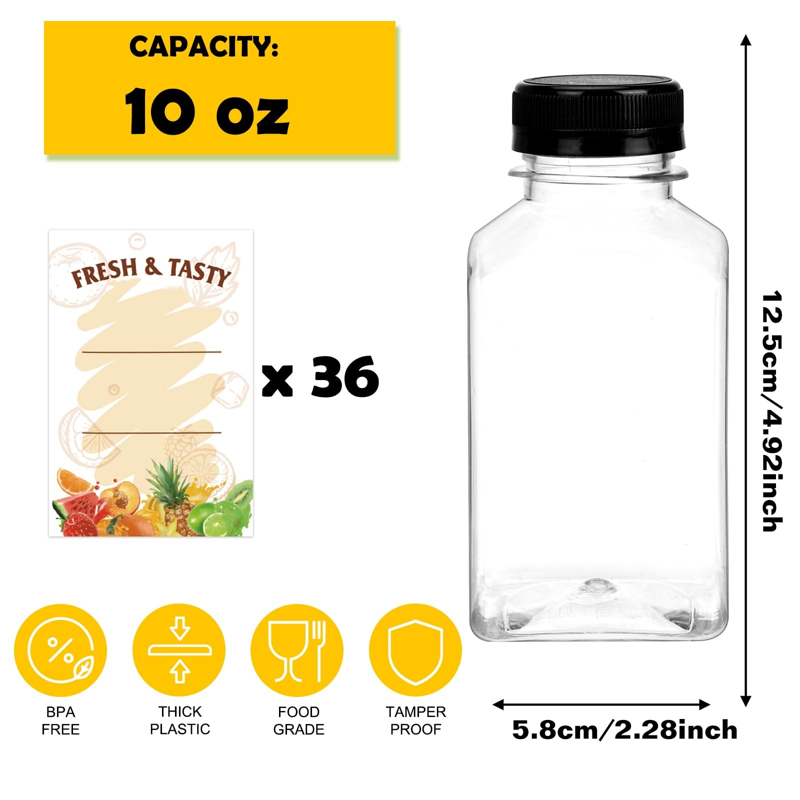 36pcs 10oz Empty Plastic Juice Bottles with Caps, Reusable Clear Bulk Beverag…