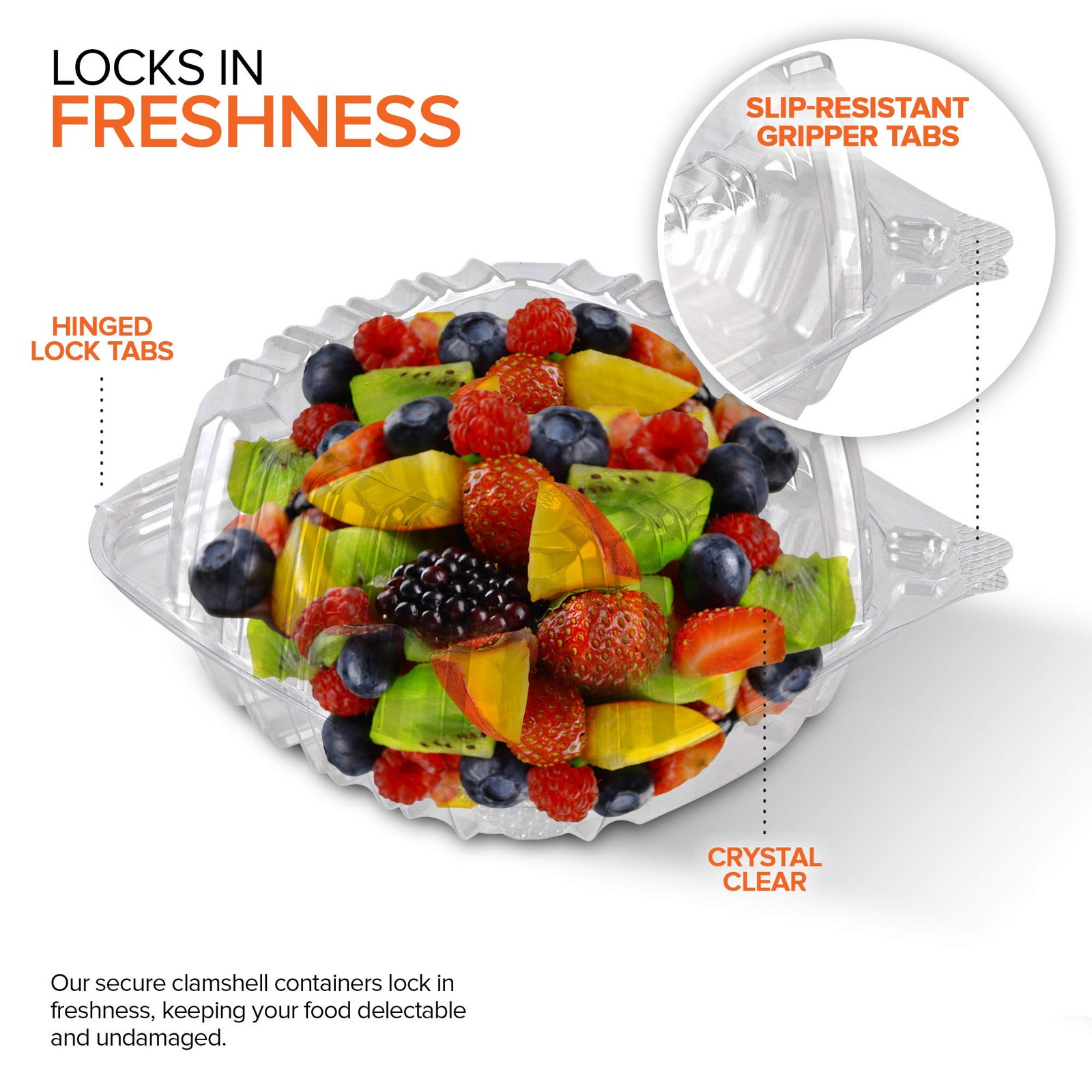 Disposable Plastic To Go Containers with Clear Lids, 5 x 5 Inch Hinged Top
