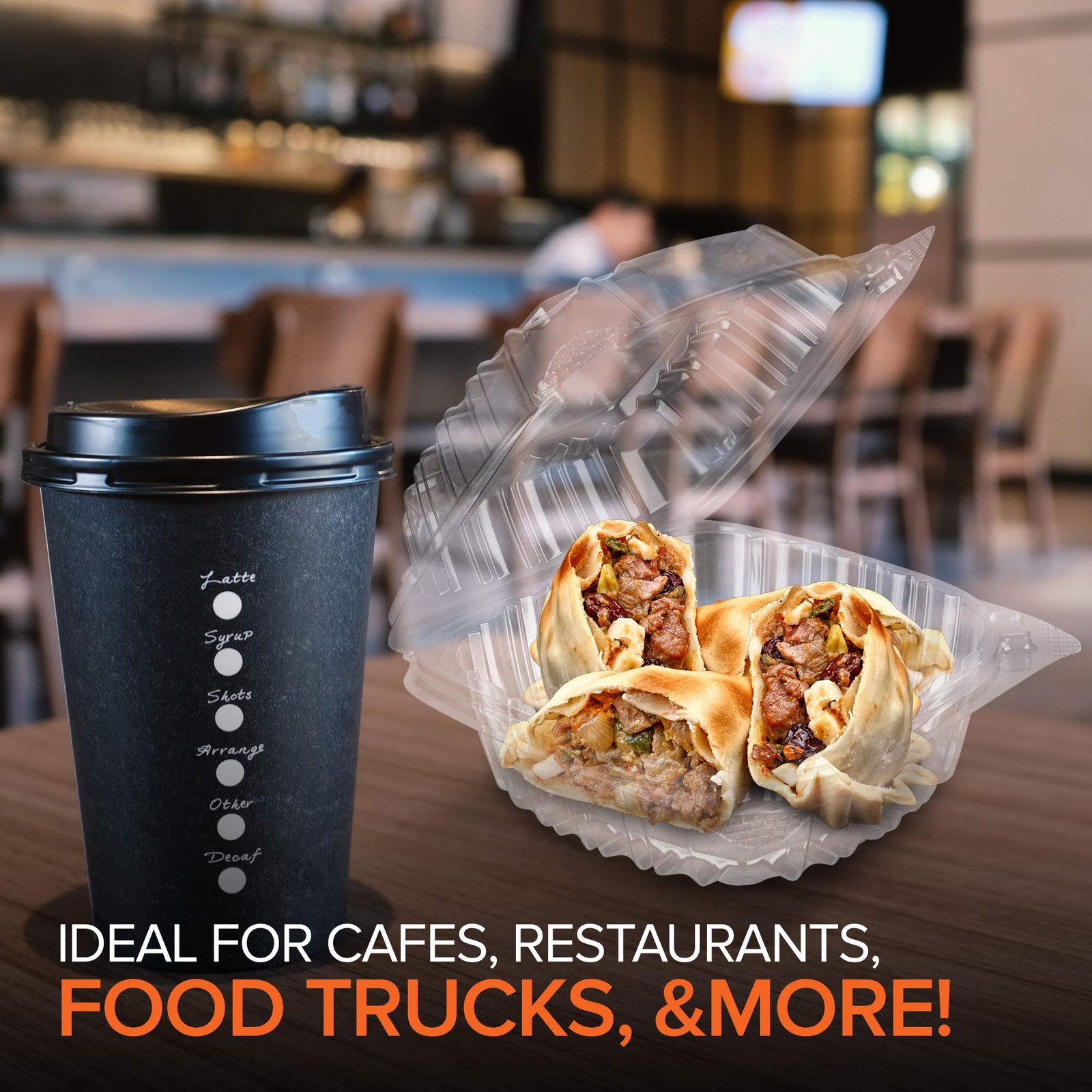 Disposable Plastic To Go Containers with Clear Lids, 5 x 5 Inch Hinged Top