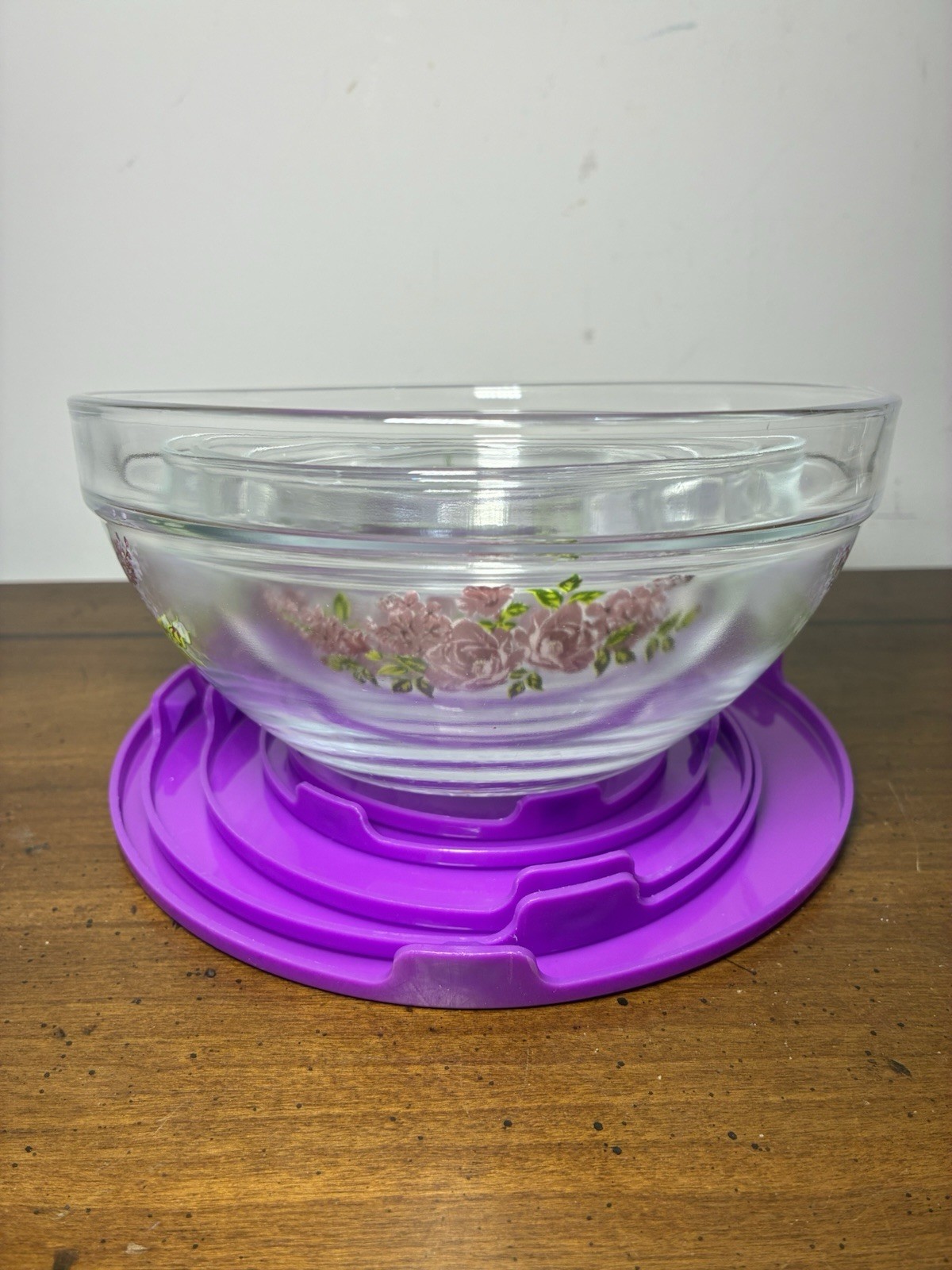 Vintage Durable Imperial 10p Nesting Glass Bowl Set w/ Purple Lids Floral Design