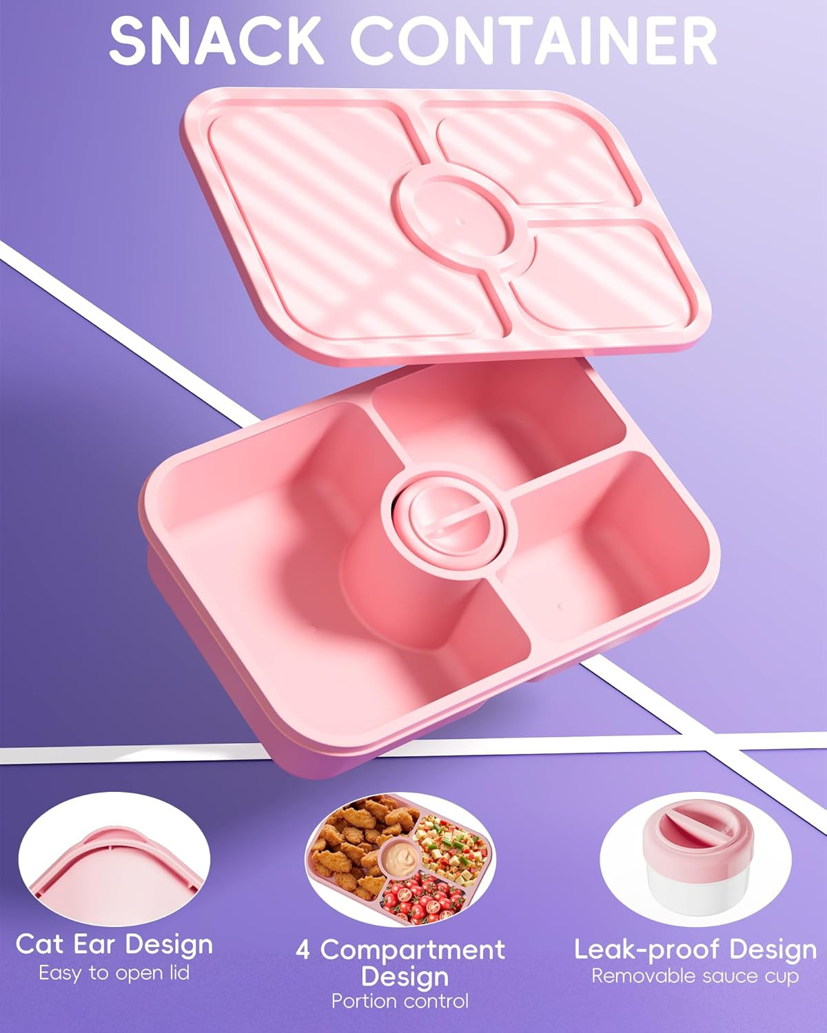 4 Pcs Bento Snack Box Containers, 4 Compartment Divided Stackable Food Storage C
