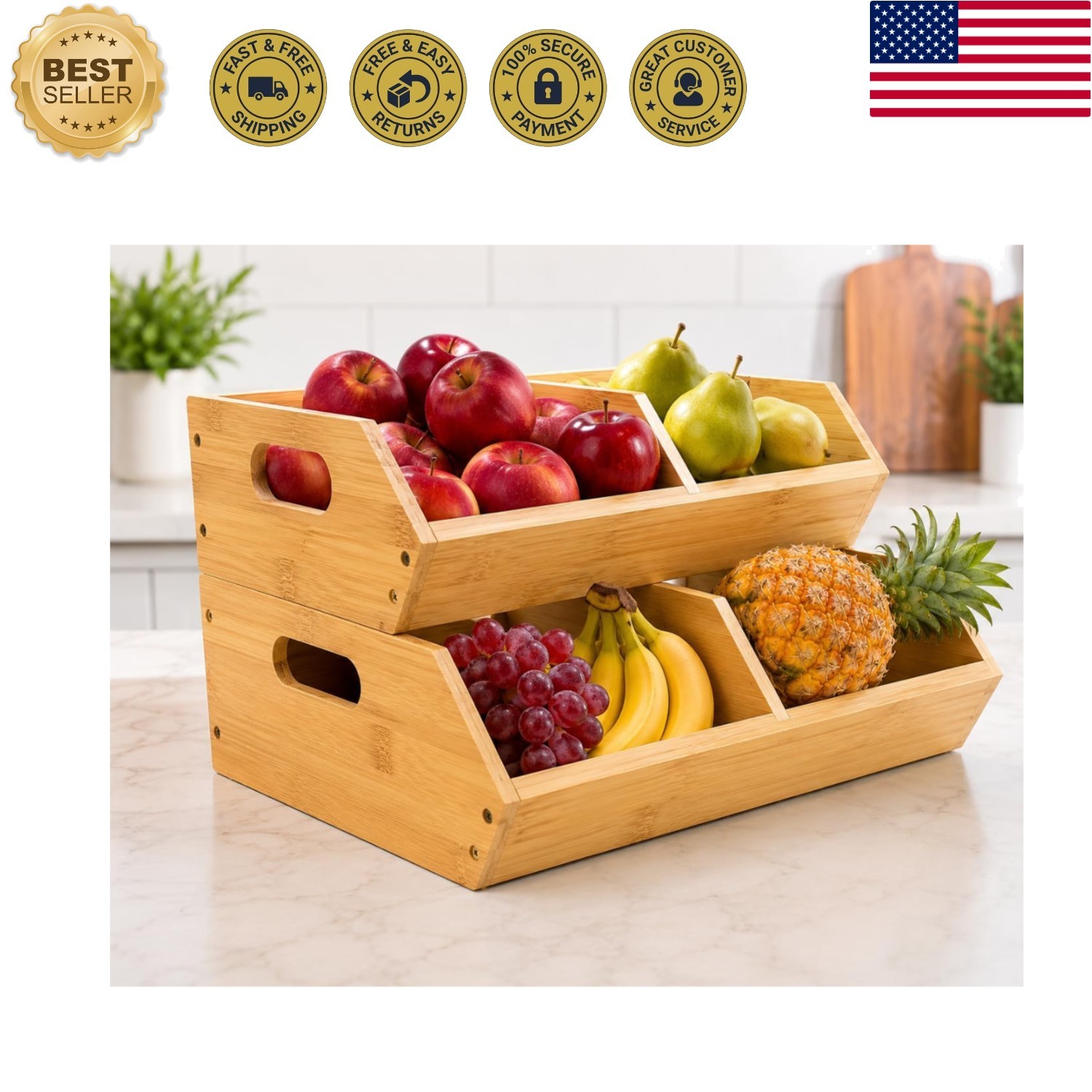 Effortless Organization: 2-Pack Bamboo Storage Baskets for Kitchen Essentials