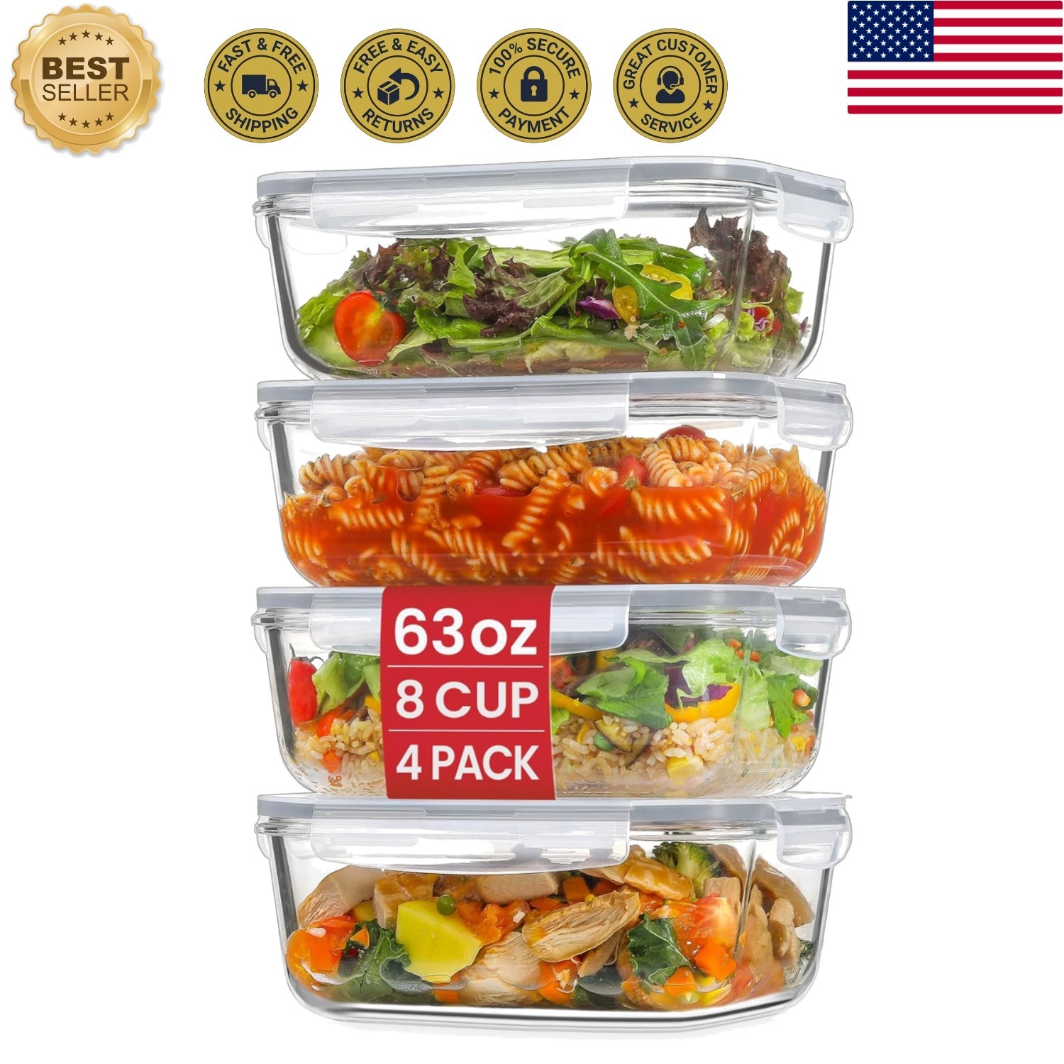 Versatile 4 x 8-Cup Glass Containers with Airtight Lids – Perfect for Meal Prep