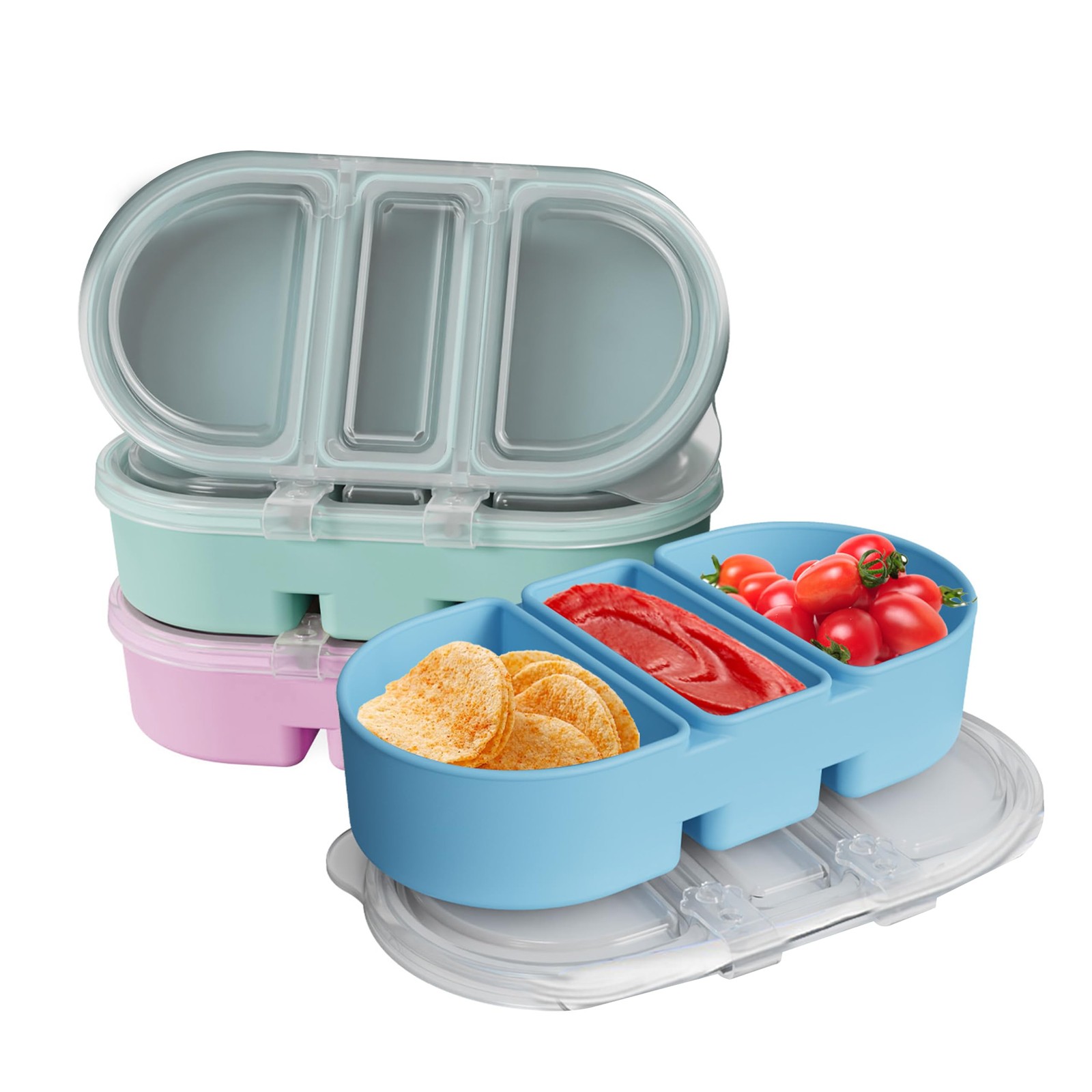 Silicone Snack Containers 3 Compartments Reusable Snackle Box with Lids Pack …