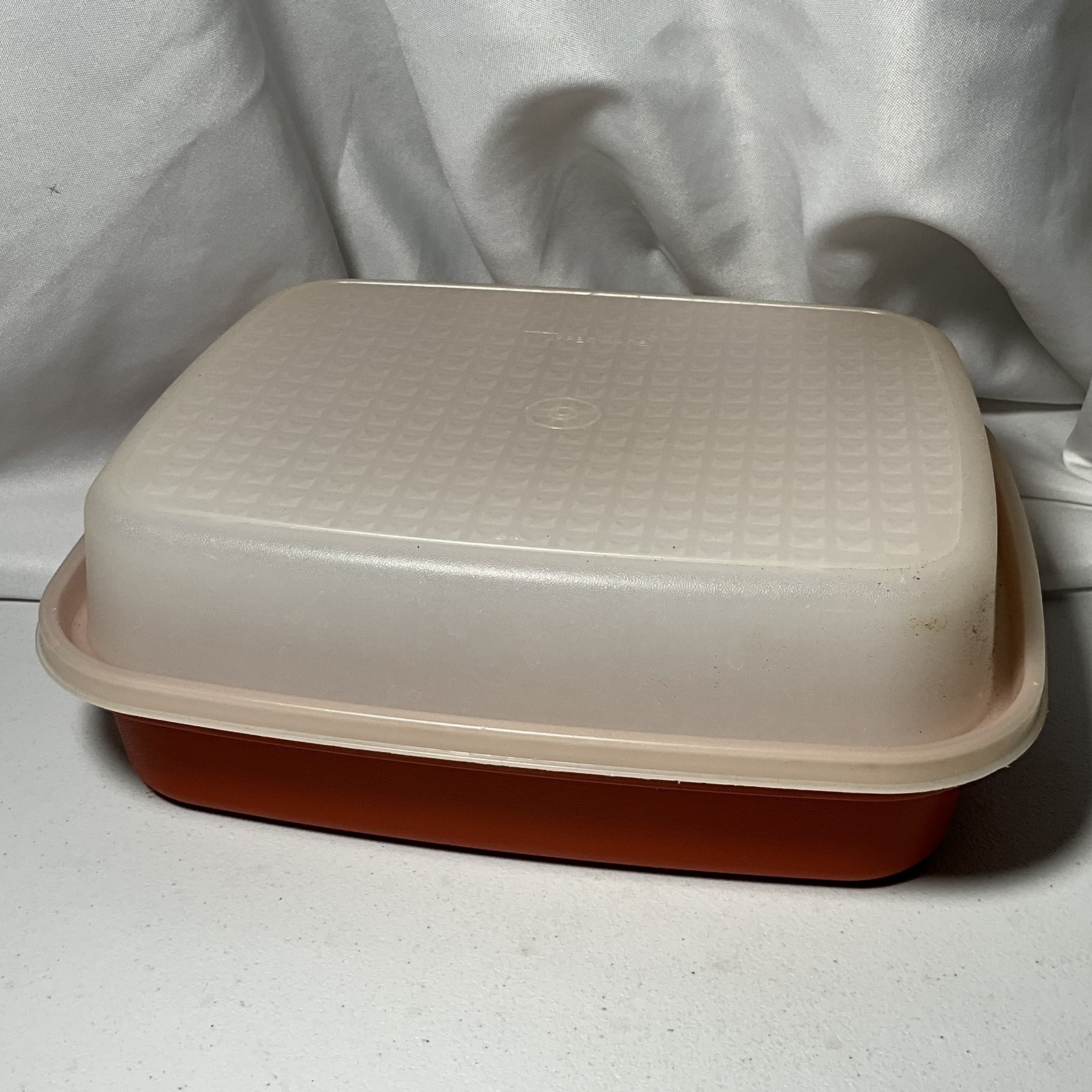 Vintage Tupperware Square Round Red & Beige Food Storage Container with Lid