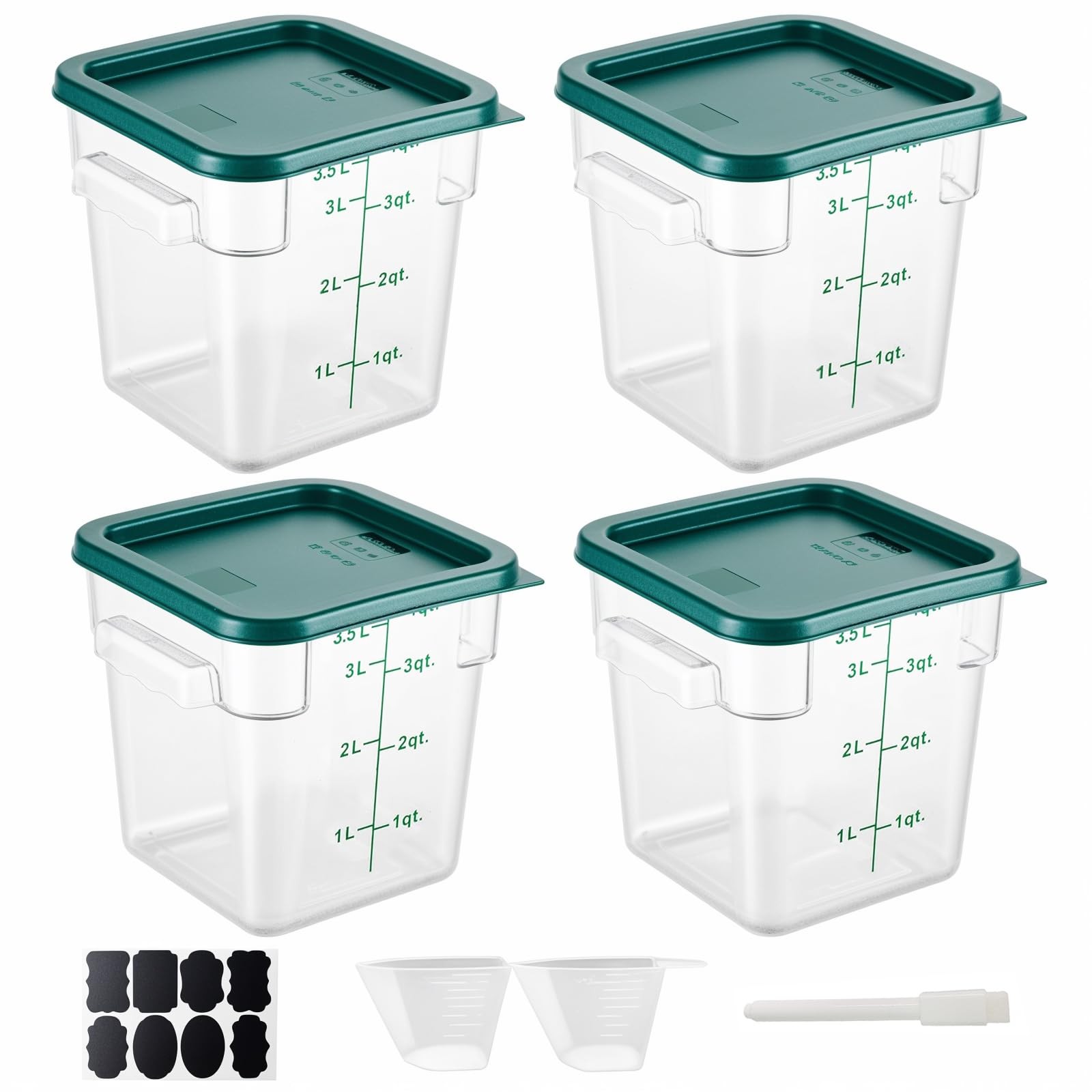 4 Pack 4QT Food Storage Containers with Green Lids Clear Square Restaurant