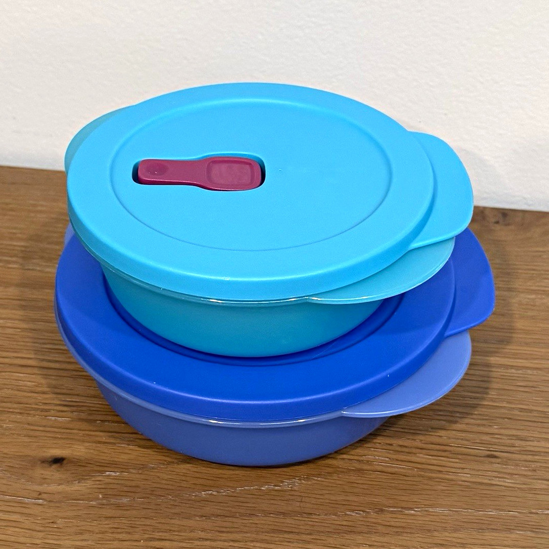 Set of 2 Tupperware CrystalWave Blue Round Storage Containers, Vented Lids