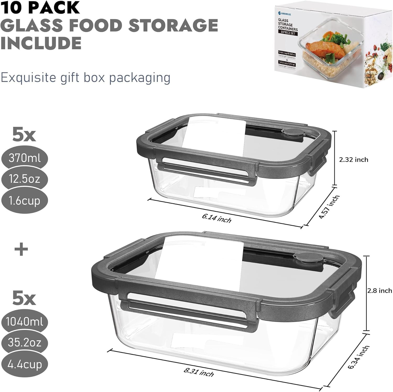 10-Pack Glass Food Storage Containers with Tempered Lids – Borosilicate, Airtigh