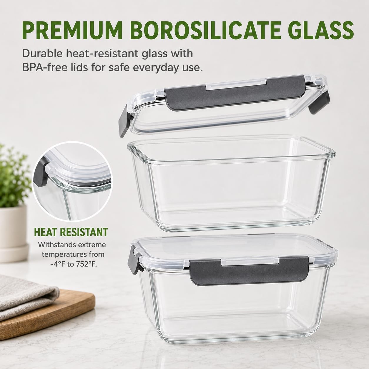 2 Pack Large Glass Food Storage Containers with Lids 85oz/10.5cup Big Airtigh…