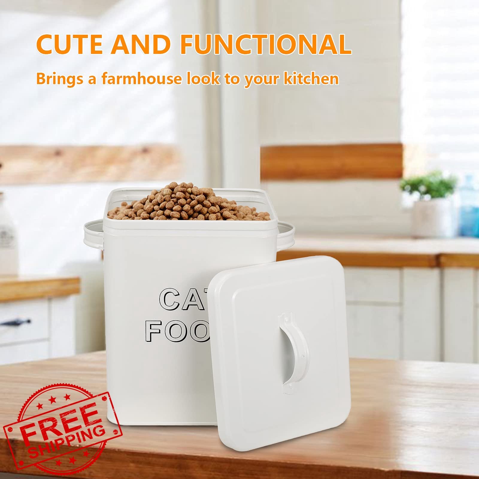 Cat Food Storage Container Farmhouse Tin Lid Scoop Treats