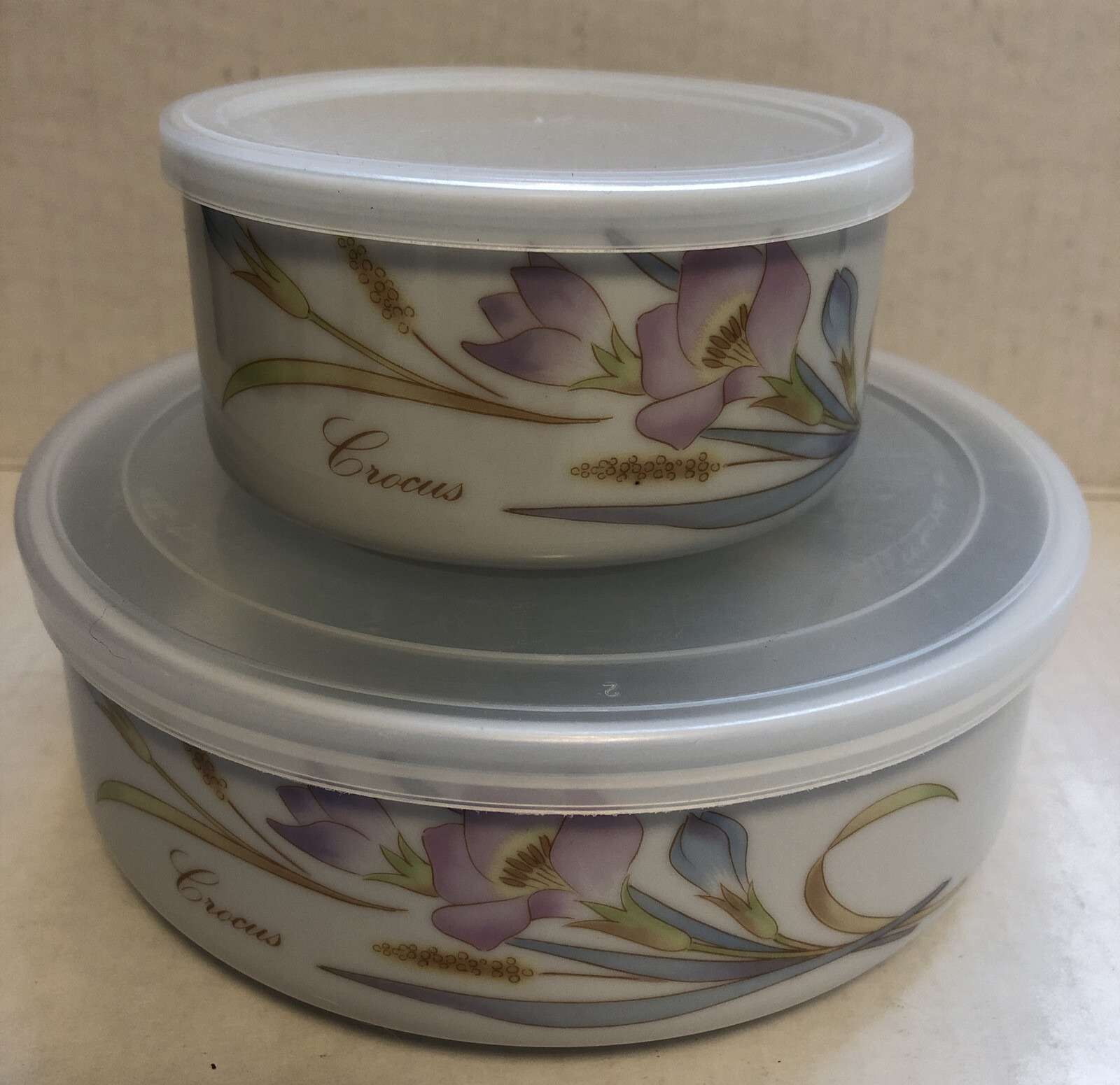 2 Asahi Crocus Floral Pattern Ceramic Storage Serving Containers with Lids- Set