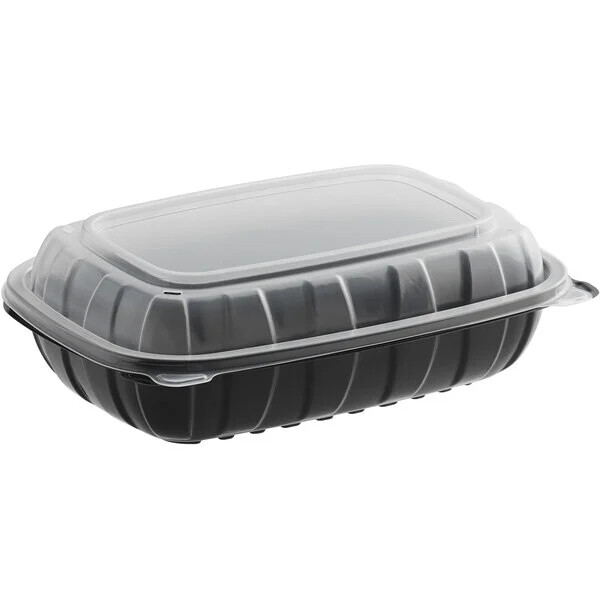 9″ x 6″ x 3″ Microwaveable 1-Compartment Black / Clear Plastic Hinged Container