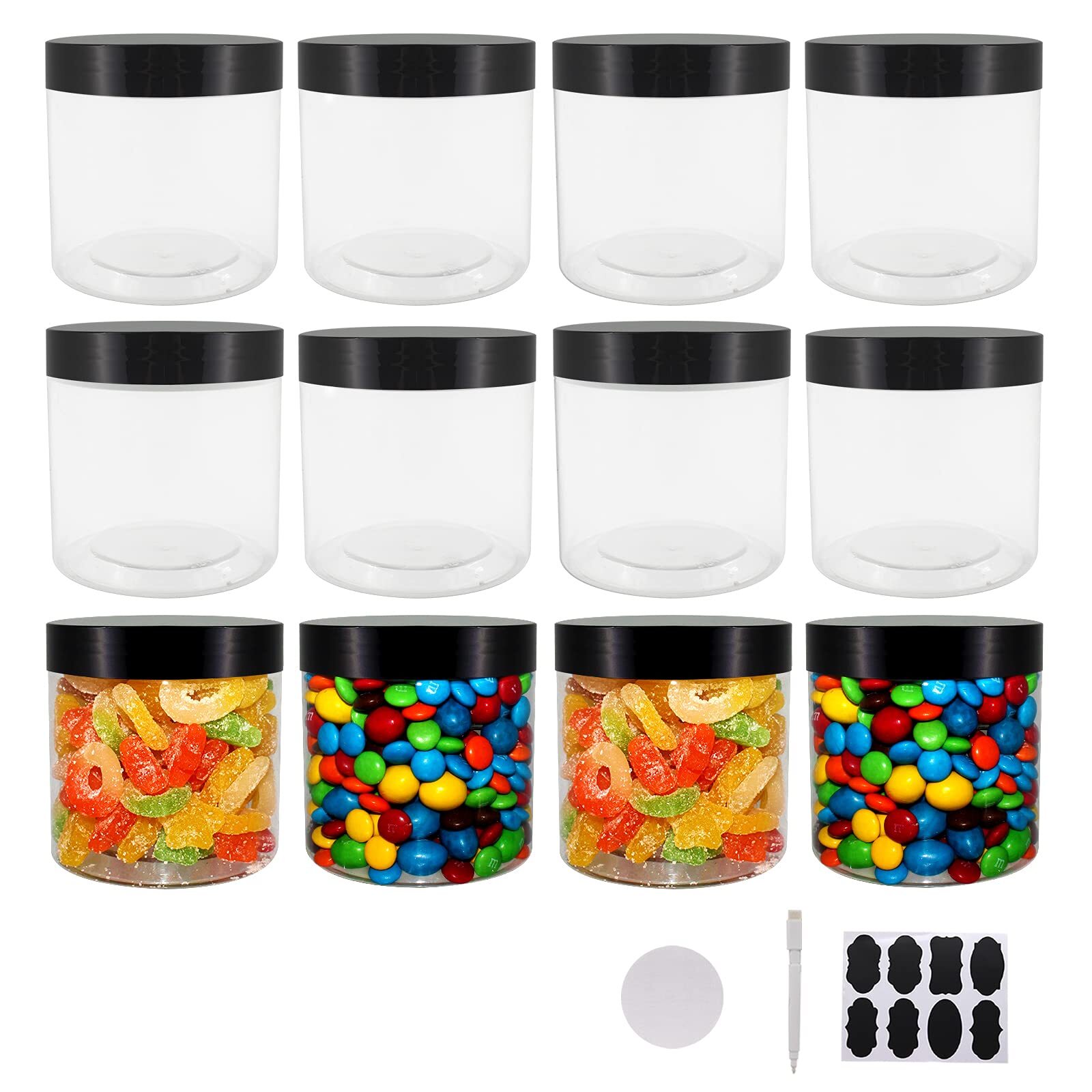 12 Pack 20oz (600ml) Clear Plastic Jars with Lids, labels, 1 Pen- Empty Plast…