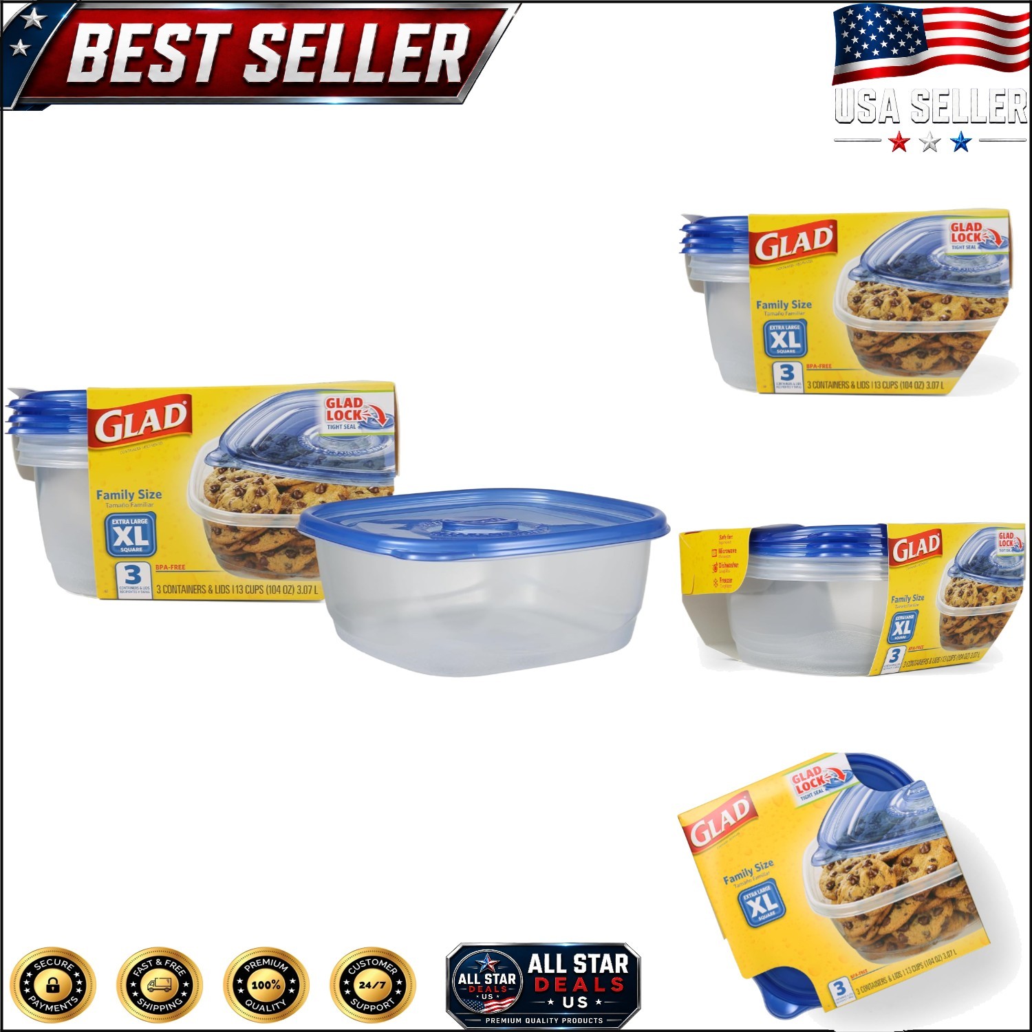 Ware XL Square 104 Oz Food Storage Containers – Lock Tight & Dishwasher Safe,…