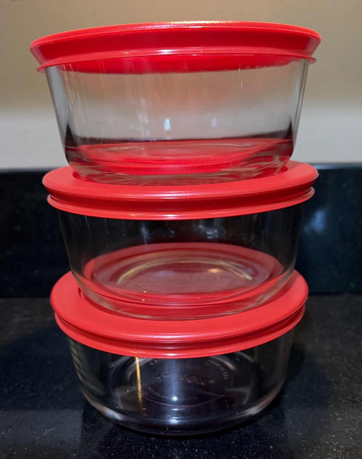 Set of 3 PYREX 7200 Clear 2 Cup Bowls Round Glass Storage with Red Lids READ