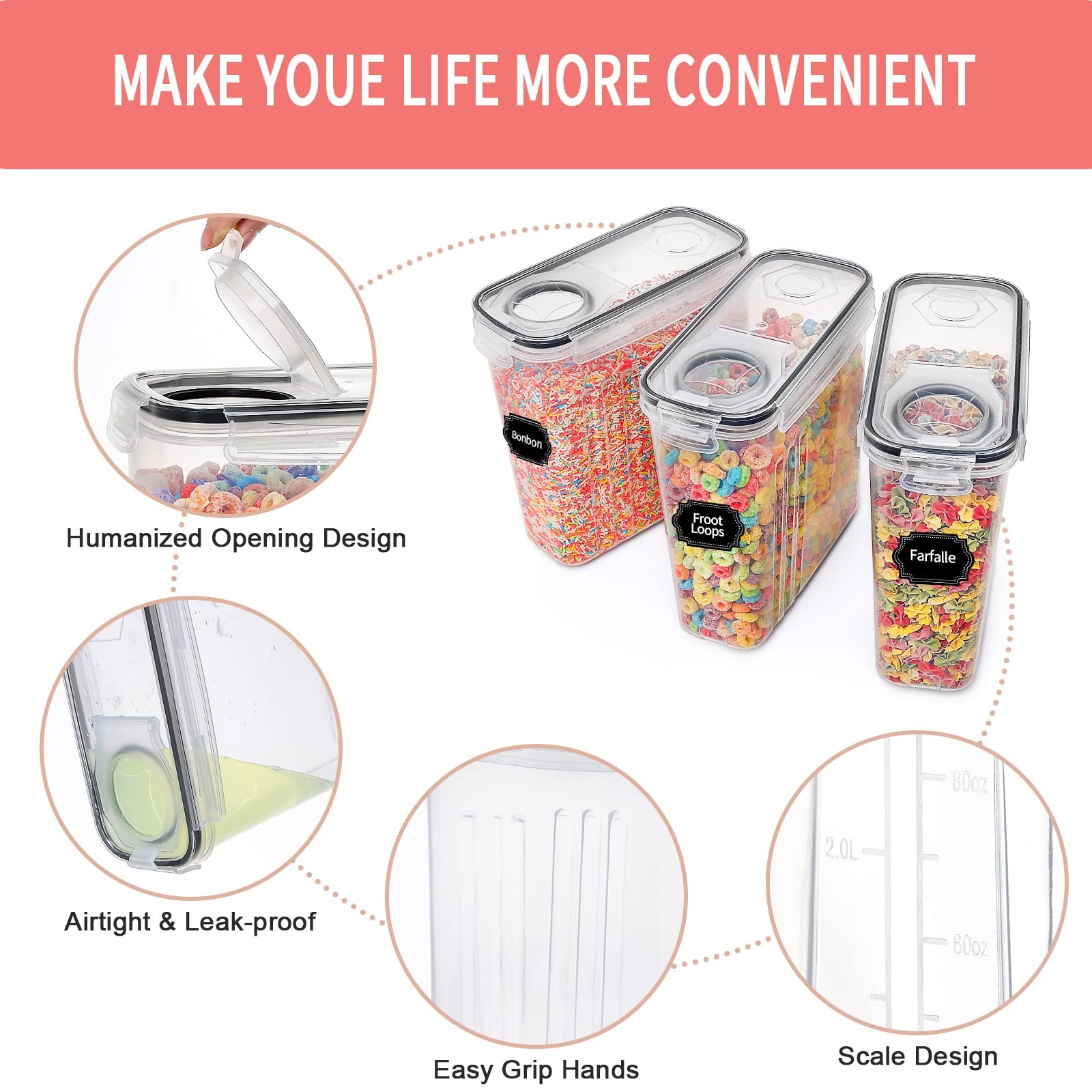 Large Dry Food Storage Containers with Lids, 6PCS Airtight Cereal Containers …