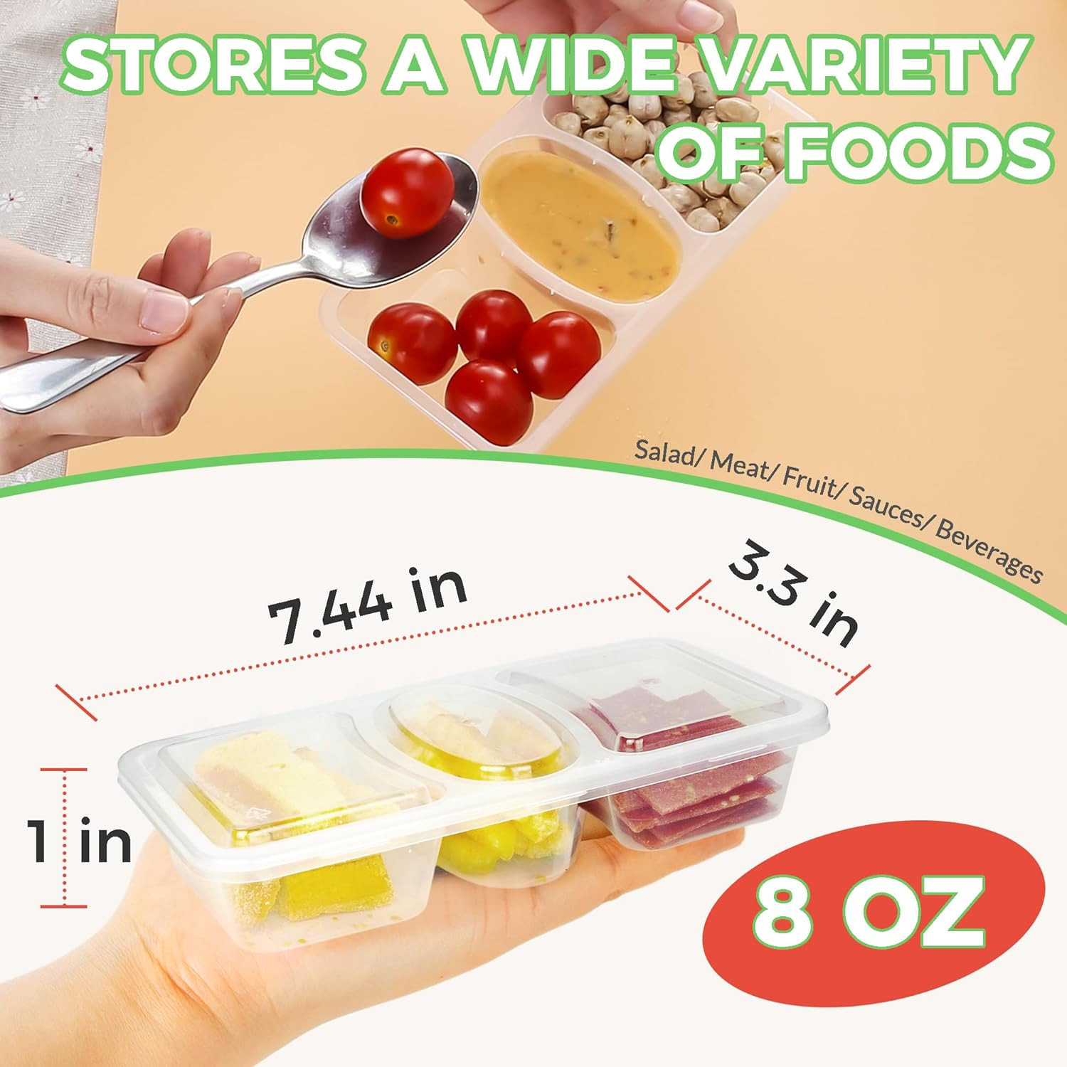 8 OZ Reusable Snack Containers with Lids, New 3 Compartment Condiment Snack Pack