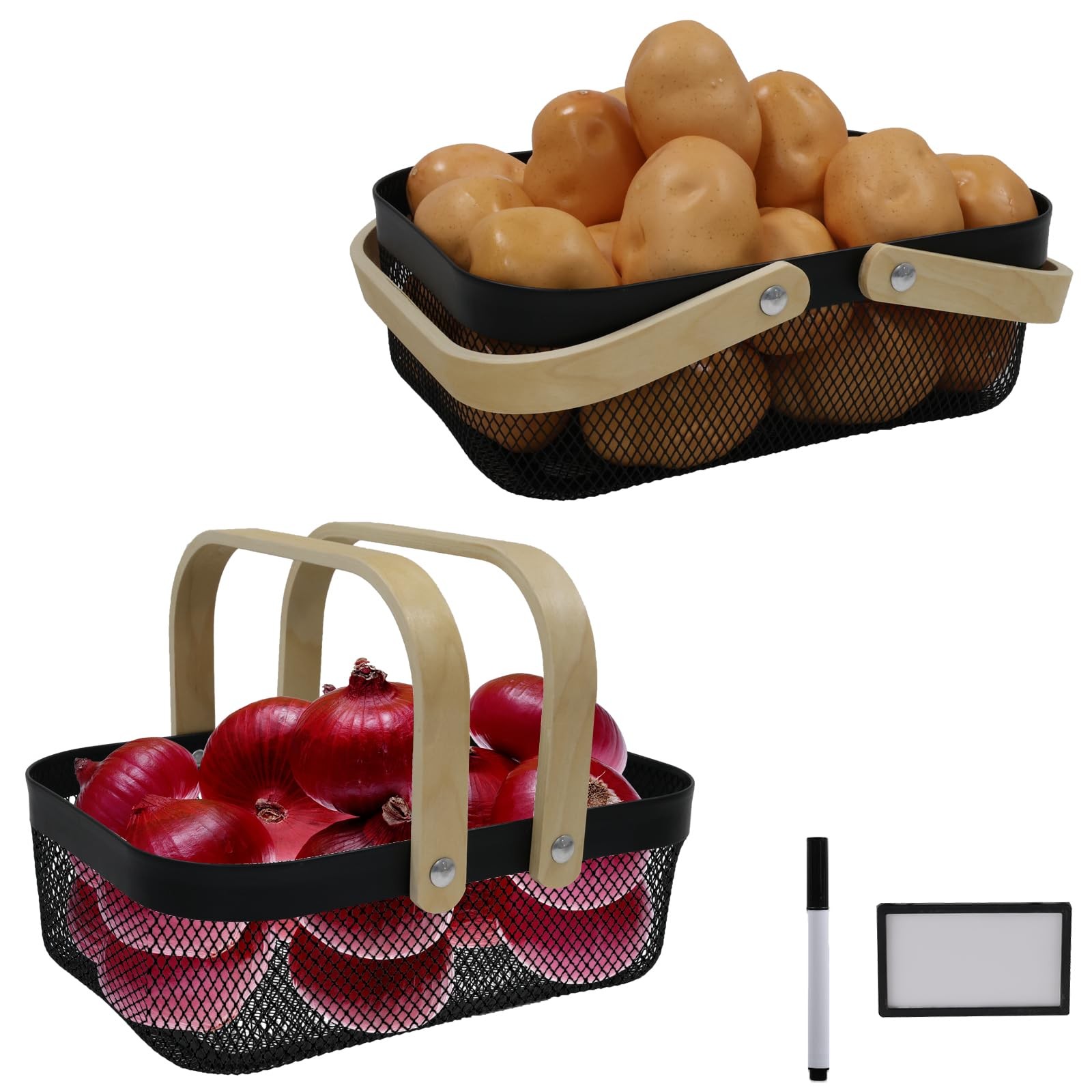 2 Set Potato Onion Storage Bin Fruit Basket Metal Wire Wooden Handle Black