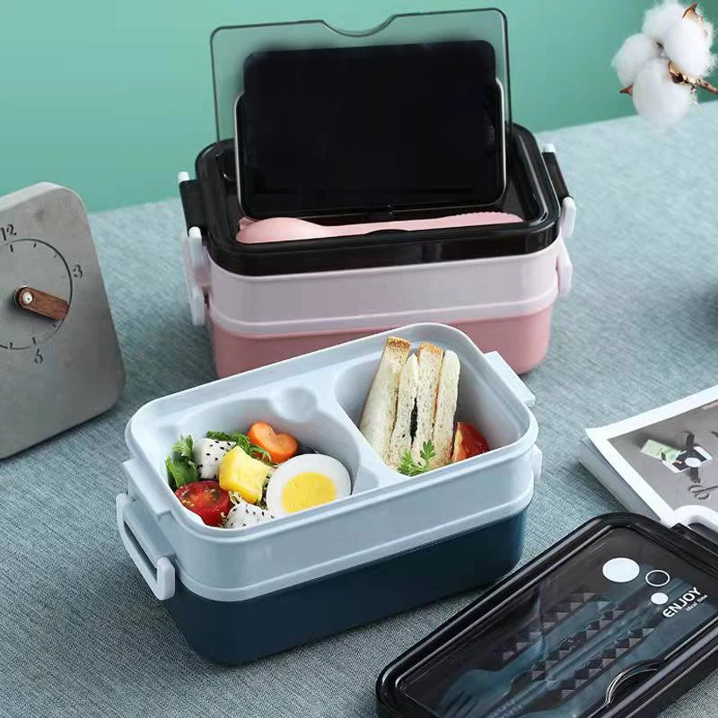 1 Pc 1400ml Microwave Bento Lunch Box Double Layer with Fork Spoon Chopsticks