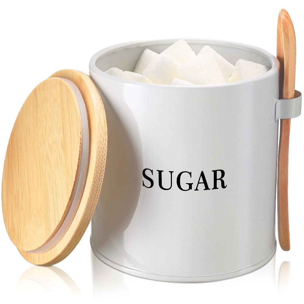 AISBUGUR Sugar Bowl with Lid and Spoon: 17oz Metal 3.7*3.9, white