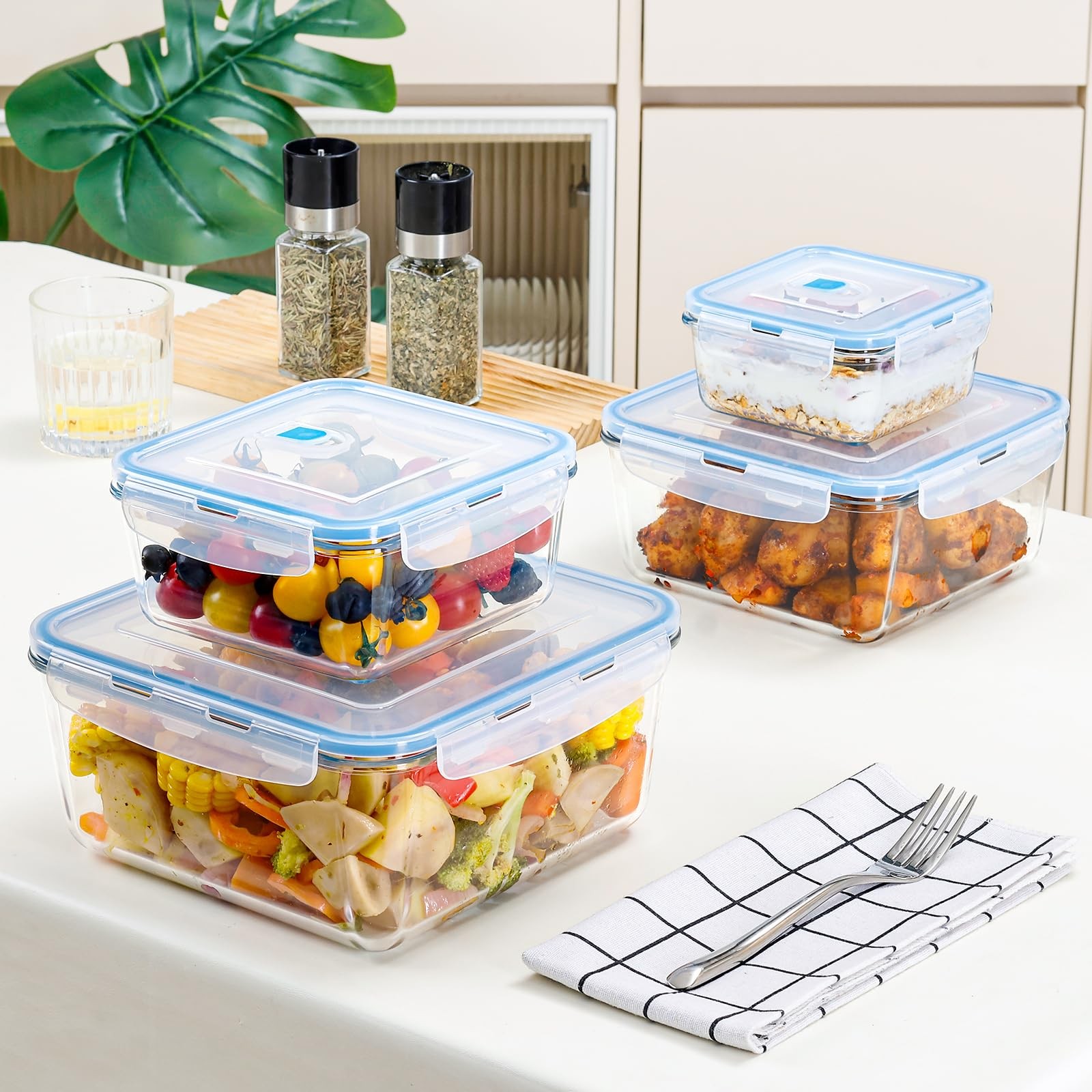 112/68/34/17oz Square Large Glass Food Storage Containers with Airtight Lids,…