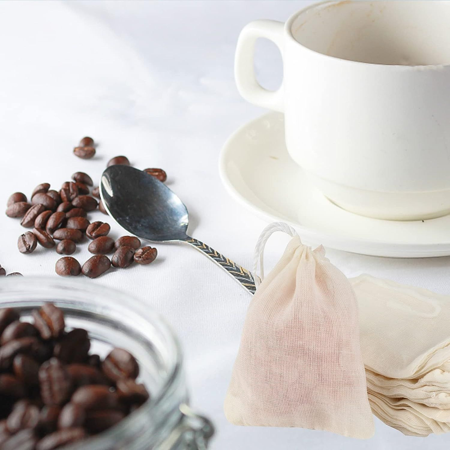 TamBee 3 x 4 Inch Drawstring Tea Bag Muslin Mesh Bags Cream,white