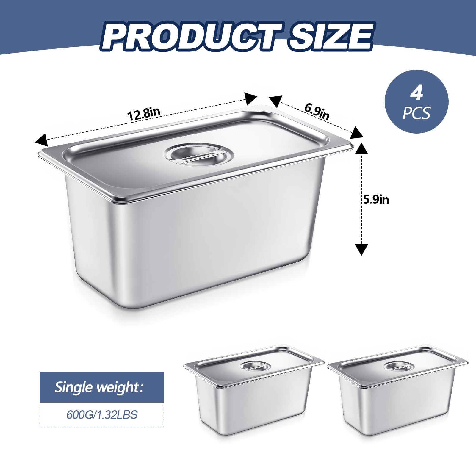 4 PCS 1/3 Size 6 Inch Deep Stainless Steel Steam Hotel Pan With Lid Buffet