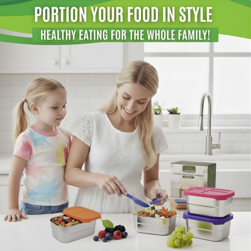 8 oz Stainless Steel Snack Containers with Silicone Lids, BPA-Free & Reusable Mi