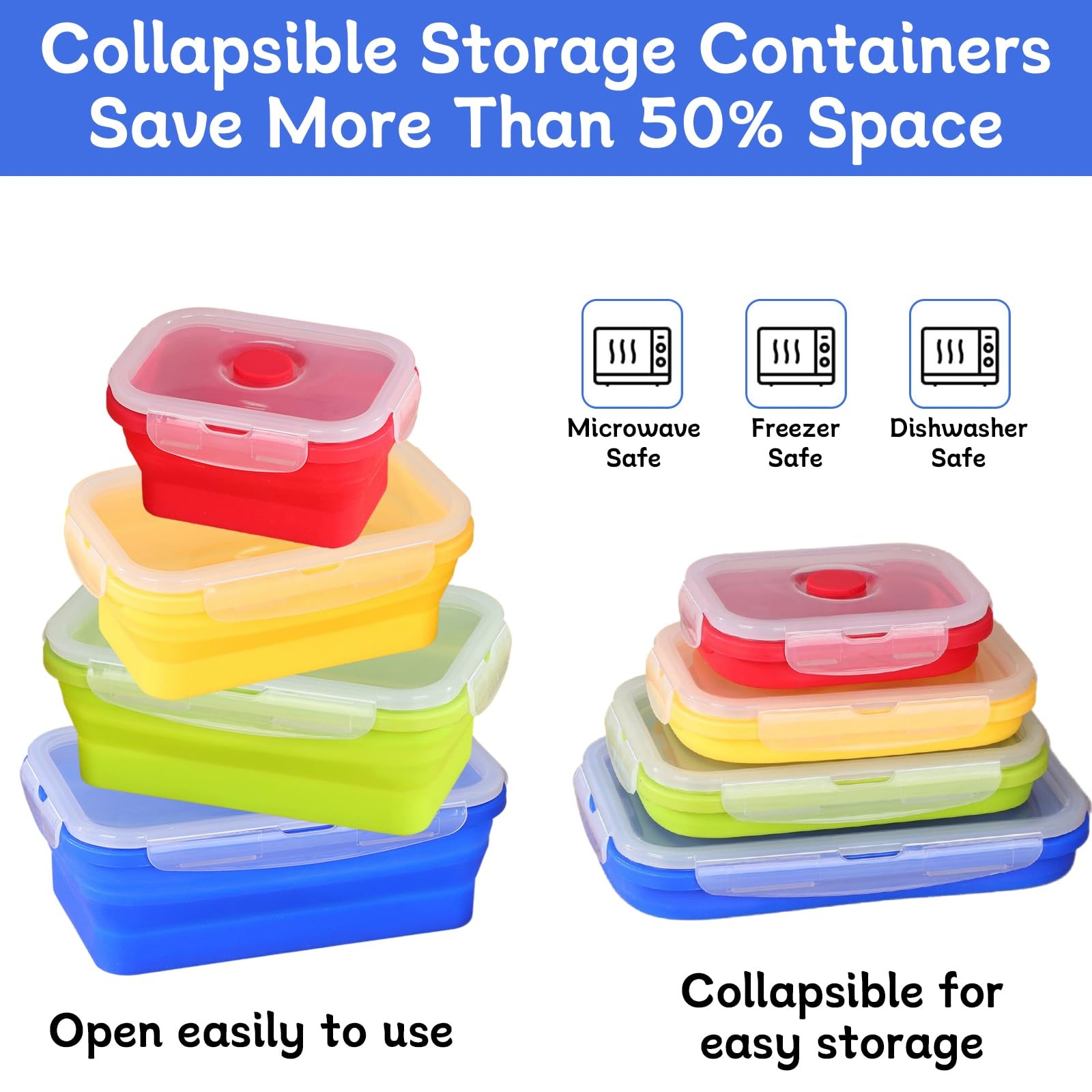 XPAPOV 4 Collapsible Food Storage Containers, 41oz, Red, Yellow, Green, Blue